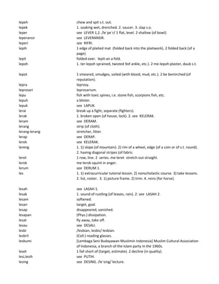 lepeh chew and spit s.t. out.
lepek 1. soaking wet, drenched. 2. saucer. 3. slap s.o.
leper see LEVER 1,2. /le`pe`r/ 1 flat, level. 2 shallow (of bowl).
leperansir see LEVERANSIR.
leperi see RIFRI.
lepih 1 edge of plaited mat (folded back into the plaitwork). 2 folded back (of a
page).
lepit folded over. lepit-an a fold.
lepoh 1. ter-lepoh sprained, twisted 9of ankle, etc.). 2 me-lepoh plaster, daub s.t.
lepot 1 smeared, smudges, soiled (with blood, mud, etc.). 2 be bemirched (of
reputation).
lepra leprosy.
leprosari leprosarium.
lepu fish with toxic spines, i.e. stone fish, scorpions fish, etc.
lepuh a blister.
lepuk see LAPUK.
lerai break up a fight, separate (fighters).
lerak 1. broken open (of house, lock). 2. see KELERAK.
leram see DERAM.
lerang strip (of cloth).
lerang-lerang stretcher, litter.
lerap see DERAP.
lerek see KELERAK.
lereng 1. 1) slope (of mountain). 2) rim of a wheel, edge (of a coin or of s.t. round).
2. having diagonal stripes (of fabric.
leret 1 row, line. 2 series. me-leret stretch out straight.
lerok me-lerok squint in anger.
lerum see DERUM 1.
les 1. 1) extracurricular tutorial lesson. 2) nonscholastic course. 3) take lessons.
2. list, roster. 3. 1) picture frame. 2) trim. 4. reins (for horse).
lesah see LASAH 1.
lesak 1. sound of rustling (of leaves, rain). 2. see LASAH 2.
lesam softened.
lesan target, goal.
lesap disappeared, vanished.
lesapan (Phys.) dissipation.
lesat fly away, take off.
lesau see DESAU.
lesbi /lesbian, lesbis/ lesbian.
lesbril (Coll.) reading glasses.
lesbumi [Lembaga Seni Budayawan Muslimin Indonesia] Muslim Cultural Association
of Indonesia, a branch of the Islam party in the 1960s.
leset 1 fall short of (target, estimate). 2 decline (in quality).
lesi,lesih see PUTIH.
lesing see DESING. /le`sing/ lecture.
 