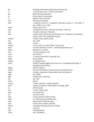 lsd [Lembaga Sosial Desa] village social activity group.
lt. 1. [lantai] story, floor. 2. [letnan] lieutenent.
ltd. [letnan dua] 2d lieutenant.
lts. [letnan satu] first lieutenant.
lu (Jakarta, China, Coll.) you.
luah sickening, nauseating.
luak 1. (Java) k.o. civer cat. 2. a dug well 3. decrease, reduce s.t. 4 see LOAK. 5.
see LUHAK. 6. see LUAH.
luang empty, vacant, free.
luap 1 overflow (of a river). 2 boil over (of water). 3 flare up.
luar 1 outside, outer part. 2 beyond.
luas 1 wide, broad. 2 extensive, vast (forests, etc.). 3 capacious, commodious
(trunk, room). 4 far-ranging (discussion).
luasnya 1 width. 2 area, extent, scope.
luat see LUAH.
luban incense.
lubang 1 hole, orifice. 2. cavity, hollow. 3 burrow, pit.
luber me-luber overflow, run over. overflowing (of water, etc.).
lubuk deep pool in a stream.
lucu 1 funny, amusing. 2 cute.
lucup see LUCUT 2.
lucut 1. me-lucut slip off (of a ring, bold, etc.).
ludah sal;iva, spittle.
ludang k.o. dugout canoe.
ludas /ludes/ 1 finished, allgone (of money, etc.). 2 completely destroyed. 3
extinguished (of a flame).
luding Spanish mackerel.
ludruk East Java folk theater in which all parts are played by men.
lugas 1 simple, unadorned. 2 businesslike, direct, to the point.
lugat see LOGAT.
lugu simple, plain, unadorned.
luh see LHO.
luhak district.
luhung 1 noble, supreme. 2 superb, exquisite.
luhur 1 glorious, supreme. 2 lofty (ideals). 3 upright, noble.
lui (China) money.
luik 1 retch. 2 drip, trickle.
luing k.o. banyan tree.
luk curve (on a kris).
luka 1 injury, wound. 2 (Coll.) injured.
lukah k.o. fishtrap used in shallow water.
lukat come loose (of adhesive tape).
lukis 1 paint, draw. 2 depict, describe.
lukisan 1 painting, drawing, portrayal. 2 design.
luks luxurious.
luku (Java) plowshare.
lukup see TELUNGKUP.
 