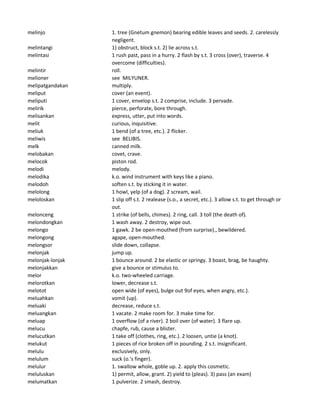 melinjo 1. tree (Gnetum gnemon) bearing edible leaves and seeds. 2. carelessly
negligent.
melintangi 1) obstruct, block s.t. 2) lie across s.t.
melintasi 1 rush past, pass in a hurry. 2 flash by s.t. 3 cross (over), traverse. 4
overcome (difficulties).
melintir roll.
melioner see MILYUNER.
melipatgandakan multiply.
meliput cover (an event).
meliputi 1 cover, envelop s.t. 2 comprise, include. 3 pervade.
melirik pierce, perforate, bore through.
melisankan express, utter, put into words.
melit curious, inquisitive.
meliuk 1 bend (of a tree, etc.). 2 flicker.
meliwis see BELIBIS.
melk canned milk.
melobakan covet, crave.
melocok piston rod.
melodi melody.
melodika k.o. wind instrument with keys like a piano.
melodoh soften s.t. by sticking it in water.
melolong 1 howl, yelp (of a dog). 2 scream, wail.
meloloskan 1 slip off s.t. 2 realease (s.o., a secret, etc.). 3 allow s.t. to get through or
out.
melonceng 1 strike (of bells, chimes). 2 ring, call. 3 toll (the death of).
melondongkan 1 wash away. 2 destroy, wipe out.
melongo 1 gawk. 2 be open-mouthed (from surprise)., bewildered.
melongong agape, open-mouthed.
melongsor slide down, collapse.
melonjak jump up.
melonjak-lonjak 1 bounce around. 2 be elastic or springy. 3 boast, brag, be haughty.
melonjakkan give a bounce or stimulus to.
melor k.o. two-wheeled carriage.
melorotkan lower, decrease s.t.
melotot open wide (of eyes), bulge out 9of eyes, when angry, etc.).
meluahkan vomit (up).
meluaki decrease, reduce s.t.
meluangkan 1 vacate. 2 make room for. 3 make time for.
meluap 1 overflow (of a river). 2 boil over (of water). 3 flare up.
melucu chapfe, rub, cause a blister.
melucutkan 1 take off (clothes, ring, etc.). 2 loosen, untie (a knot).
melukut 1 pieces of rice broken off in pounding. 2 s.t. insignificant.
melulu exclusively, only.
melulum suck (o.'s finger).
melulur 1. swallow whole, goble up. 2. apply this cosmetic.
meluluskan 1) permit, allow, grant. 2) yield to (pleas). 3) pass (an exam)
melumatkan 1 pulverize. 2 smash, destroy.
 