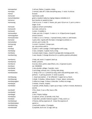 memaparkan 1 roll out, flatten. 2 explain, relate.
memapas 1 remove, take off. 2 take everything away. 3 resist. 4 criticize.
memar bruised.
memarahi reprimand, scold.
memarhabankan greet a newborn baby by singing religious melodies to it.
memarun burn bushes or weeds to clear.
memasang 1 tall in or on. 2 install. 3 fasten, pin, post. 4) turn on. 5 put in, enter a
wager. 6 set.
memasok supply (a certain commodity).
memasrahi turn over, entrust to.
memasuki 1 enter. 2 meddle in.
memasukkan 1 take, put into. 2 import. 3 enter s.t. in. 4 (Sport) enter (a goal).
memasygulkan arouse concern.
memasyhurkan 1 make s.o. or s.t. famous. 2 spread (news), make s.t. well known.
mematuk 1 peck, bite. 2 grab with the beak. 3 manage to achieve s.t.
mematutkan correct, put in order, fit.
memayungi 1 screen. 2 protect. 3 drape over.
memb- see also entries with b-.
membaji 1) spilt s.t. with a wedge. 2 hold together with a peg.
membalap 1 race, compete. 2 speed, hurry a long.
membalas 1.answer,reply 2.repay , reward 3.avenge,take revenge,punish.
membanting 1 veer sharply 2 change direction (in o,s politics,opinion,attitudes).
membantu 1 help, aid, assist. 2 support, back up.
membantut hinder, prevent.
membarut 1) scrub, clean, polish, wipe (floors, etc.). 2) grease (a pan).
membasir see MUBASIR.
membatak 1 rob, plunder, pillage. 2 wander, roam.
membawa 1 carry (bag, suitcase, etc.). 2 bring, take along.
membawakan 1 bring s.t for s.o 2 present (a song ,violin solo,working paper etc) ,
perform. 3 portray,present. 4 recite (a poem).
membayang 1 cloud over,darken . 2 be reflected 3 apper (on o,s face) .
membayangi 1 shade 2 shadow , follow closely 3 hover about ominously .
membayangkan 1 reflect an image 2 show s.t describe 3 reflect on,image .
membayat 1 initiate. 2 honor, respect.
membeber 1 spread, unfold, display. 2 open up (a map). 3 unfurl. 4 reveal, disclose (a
secret).
membedil 1 fire, shoot. 2 use a rifle, have a rifle.
membedol uproot.
membegal 1 rob. 2 hijack, holdup.
membekuk 1) capture, arrest. 2) swindle, trick, fool.
membela 1 look after, provide material support. 2 help, assist s.o.
membelanjai 1 finance, defray expenses of. 2 bear the expense of.
membelanjakan spend s.t.
membelerang 1 treat with sulphur. 2 fumigate.
membeludak 1) explode, burst out. 2) rage, boil up.
 