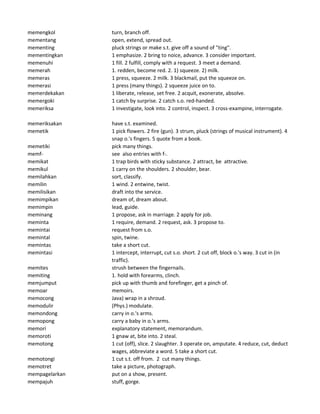 memengkol turn, branch off.
mementang open, extend, spread out.
mementing pluck strings or make s.t. give off a sound of "ting".
mementingkan 1 emphasize. 2 bring to noice, advance. 3 consider important.
memenuhi 1 fill. 2 fulfill, comply with a request. 3 meet a demand.
memerah 1. redden, become red. 2. 1) squeeze. 2) milk.
memeras 1 press, squeeze. 2 milk. 3 blackmail, put the squeeze on.
memerasi 1 press (many things). 2 squeeze juice on to.
memerdekakan 1 liberate, release, set free. 2 acquit, exonerate, absolve.
memergoki 1 catch by surprise. 2 catch s.o. red-handed.
memeriksa 1 investigate, look into. 2 control, inspect. 3 cross-exampine, interrogate.
memeriksakan have s.t. examined.
memetik 1 pick flowers. 2 fire (gun). 3 strum, pluck (strings of musical instrument). 4
snap o.'s fingers. 5 quote from a book.
memetiki pick many things.
memf- see also entries with f-.
memikat 1 trap birds with sticky substance. 2 attract, be attractive.
memikul 1 carry on the shoulders. 2 shoulder, bear.
memilahkan sort, classify.
memilin 1 wind. 2 entwine, twist.
memilisikan draft into the service.
memimpikan dream of, dream about.
memimpin lead, guide.
meminang 1 propose, ask in marriage. 2 apply for job.
meminta 1 require, demand. 2 request, ask. 3 propose to.
memintai request from s.o.
memintal spin, twine.
memintas take a short cut.
memintasi 1 intercept, interrupt, cut s.o. short. 2 cut off, block o.'s way. 3 cut in (in
traffic).
memites strush between the fingernails.
memiting 1. hold with forearms, clinch.
memjumput pick up with thumb and forefinger, get a pinch of.
memoar memoirs.
memocong Java) wrap in a shroud.
memodulir (Phys.) modulate.
memondong carry in o.'s arms.
memopong carry a baby in o.'s arms.
memori explanatory statement, memorandum.
memoroti 1 gnaw at, bite into. 2 steal.
memotong 1 cut (off), slice. 2 slaughter. 3 operate on, amputate. 4 reduce, cut, deduct
wages, abbreviate a word. 5 take a short cut.
memotongi 1 cut s.t. off from. 2 cut many things.
memotret take a picture, photograph.
mempagelarkan put on a show, present.
mempajuh stuff, gorge.
 