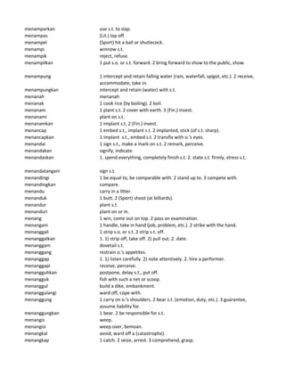 menamparkan use s.t. to slap.
menampas (Lit.) lop off.
menampel (Sport) hit a ball or shutlecock.
menampi winnow s.t.
menampik reject, refuse.
menampilkan 1 put s.o. or s.t. forward. 2 bring forward to show to the public, show.
menampung 1 intercept and retain falling water (rain, waterfall, spigot, etc.). 2 receive,
accommodate, take in.
menampungkan intercept and retain (water) with s.t.
menanah menanah
menanak 1 cook rice (by boiling). 2 boil.
menanam 1 plant s.t. 2 cover with earth. 3 (Fin.) invest.
menanami plant on s.t.
menanamkan 1 implant s.t. 2 (Fin.) invest.
menancap 1 embed s.t., implant s.t. 2 implanted, stick (of s.t. sharp).
menancapkan 1 implant s.t., embed s.t. 2 transfix with o.'s eyes.
menandai 1 sign s.t., make a mark on s.t. 2 remark, perceive.
menandakan signify, indicate.
menandaskan 1. spend everything, completely finish s.t. 2. state s.t. firmly, stress s.t.
menandatangani sign s.t.
menandingi 1 be equal to, be comparable with. 2 stand up to. 3 compete with.
menandingkan compare.
menandu carry in a litter.
menanduk 1 butt. 2 (Sport) shoot (at billiards).
menandur plant s.t.
menanduri plant on or in.
menang 1 win, come out on top. 2 pass an examination.
menangani 1 handle, take in hand (job, problem, etc.). 2 strike with the hand.
menanggali 1 strip s.o. or s.t. 2 strip s.t. off.
menanggalkan 1. 1) strip off, take off. 2) pull out. 2. date.
menanggam dovetail s.t.
menanggang restrain o.'s appetites.
menanggap 1. 1) listen carefully. 2) note attentively. 2. hire a performer.
menanggapi receive, perceive.
menangguhkan postpone, delay s.t., put off.
menangguk fish with such a net or scoop.
menanggul build a dike, embankment.
menanggulangi ward off, cope with.
menanggung 1 carry on o.'s shoulders. 2 bear s.t. (emotion, duty, etc.). 3 guarantee,
assume liability for.
menanggungkan 1 bear. 2 be responsible for s.t.
menangis weep.
menangisi weep over, bemoan.
menangkal avoid, ward off a (catastrophe).
menangkap 1 catch. 2 seize, arrest. 3 comprehend, grasp.
 