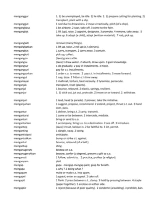 menganggur 1. 1) be unemployed, be idle. 2) lie idle. 2. 1) prepare cutting for planting. 2)
transplant, plant with a slip.
menganggut 1 nod due to drowsiness. 2 move erractically, pitch (of a ship).
mengangkasa 1 be airbone. 2 soar, take off. 3 come to the fore.
mengangkat 1 lift (up), raise. 2 appoint, designate. 3 promote. 4 remove, take away. 5
take up. 6 adopt (a child), adapt (written material). 7 nab, pick up.
mengangkati remove (many things).
mengangkatkan 1 lift up, raise. 2 roll up (o,'s sleeves).
mengangkut 1 carry, transport. 2 carry away. 3 contain.
mengangkuti pick up, collect.
mengangon (Java) graze cattle.
mengangsu (Java) 1 draw water. 2 absorb, draw upon. 3 gain knowledge.
mengangsur 1 do gradually. 2 pay in installments. 3 move.
mengangsuri pay for s.t. installments.
mengangsurkan 1 order s.o. to move. 2 pay s.t. in installments. 3 move forward.
mengangut 1 nap, doze. 2 fritter o.'s time away.
menganiayai 1 maltreat, torture, beat viciously. 2 tyrannize, persecute.
menganjak transplant, reset (plants).
menganjal 1 bounce, rebound. 2 elastic, springy, resilient.
menganjur 1. 1) stick out, jut out, protrude. 2) move on or toward. 2. withdraw.
menganjuri 1 lead, head (a parade). 2 pioneer, take the initiative.
menganjurkan 1 suggest, propose, recommend. 2 extend, project, thrust s.t. out. 3 hand
over, pass.
mengantar 1 deliver, bring s.t. 2 carry, transmit.
mengantarai 1 come or be between. 2 intercede, mediate.
mengantari bring or send to s.o.
mengantarkan 1 accompany, bring s.o. to a destination. 2 see off. 3 introduce.
mengantep (Java) 1 trust, believe in. 2 be faithful to. 3 let, permit.
menganting 1 dangle, sway. 2 swing.
mengantisipasi anticipate.
mengantukkan bump or strike s.t. against.
mengantul bounce, rebound (of a ball.).
mengantup sting.
menganugerahi bestow on s.o.
menganugerahkan bestow, confer (a degree), present a gift to s.o.
menganuti 1 follow, submit to. 2 practice, profess (a religion).
menganyam plait.
mengap gape. mengap-mengap pant, gasp for breath.
mengapa 1 why ? 2 doing what ?
mengapam make or make s.t. into apam.
mengapel 1appeal, enter an appeal. 2 take roll.
mengapit 1 flank. 2 press between s.t., clamp. 3 hold by pressing between. 4 staple
(paper together). 5 enclose on either side.
mengapkir 1 reject (because of poor quality). 2 condemn (a building). 3 prohibit, ban.
 