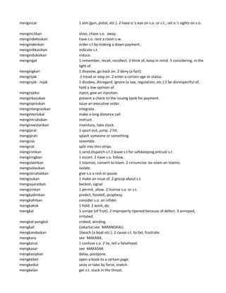 mengincar 1 aim (gun, pistol, etc.). 2 have o.'s eye on s.o. or s.t., set o.'s sights on s.o.
mengincitkan shoo, chase s.o. away.
mengindekoskan have s.o. rent a room s.w.
mengindenkan order s.t by making a down payment..
mengindikasikan indicate s.t.
menginduksikan induce.
mengingat 1 remember, recall, recollect. 2 think of, keep in mind. 3 considering, in the
light of.
mengingkari 1 disavow, go back on. 2 deny (a fact).
menginjak .1 tread or step on. 2 enter a certain age or status.
menginjak - injak 1 disobey, disregard, ignore (a law, regulation, etc.) 2 be disrespectful of,
hold a low opinion of.
menginjeksi inject, give an injection.
menginkasokan present a check to the issuing bank for payment.
menginpreskan issue an executive order.
mengintergrasikan integrate.
menginterlokal make a long distance call.
mengintruksikan instruct.
menginvestarikan inventory, take stock.
mengiprat 1 spurt out, jump. 2 hit.
mengiprati splash someone or something.
mengiras resemble.
mengirat split into thin strips.
mengirimkan 1.send,dispatch s.t 2.leave s.t for safekeeping,entrust s.t .
mengiringkan 1 escort. 2 have s.o. follow.
mengislamkan 1 Islamize, convert to Islam. 2 circumcise. ke-islam-an Islamic.
mengisolasikan isolate.
mengistirahatkan give s.o a rest or pause.
mengisukan 1 make an issue of. 2 gossip about s.t.
mengisyaratkan beckon, signal.
mengizinkan 1 permit, allow. 2 license s.o. or s.t.
mengkadimkan predict, foretell, prophesy.
mengkafirkan consider s.o. an infidel.
mengkakok 1 hold. 2 work, do.
mengkal 1 unripe (of fruit). 2 improperly ripened because of defect. 3 annoyed,
irritated.
mengkal-pengkol croked, winding.
mengkali (Jakarta) see BARANGKALI.
mengkandaskan 1beach (a boat etc.). 2 cause s.t. to fail, frustrate.
mengkara see MAKARA.
mengkarut 1 confuse s.o. 2 lie, tell a falsehood.
mengkasar see MAKASAR.
mengkasipkan delay, postpone.
mengkebet open a book to a certain page.
mengkedut seize or take by force, snatch.
mengkelan get s.t. stuck in the throat.
 