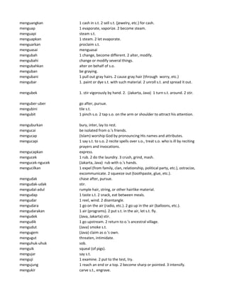 menguangkan 1 cash in s.t. 2 sell s.t. (jewelry, etc.) for cash.
menguap 1 evaporate, vaporize. 2 become steam.
menguapi steam s.t.
menguapkan 1 steam. 2 let evaporate.
menguarkan proclaim s.t.
menguasai menguasai
mengubah 1 change, become different. 2 alter, modify.
mengubahi change or modify several things.
mengubahkan alter on behalf of s.o.
menguban be graying.
mengubani 1 pull out gray hairs. 2 cause gray hair (through worry, etc.)
mengubar 1. paint or dye s.t. with such material. 2 unroll s.t. and spread it out.
mengubek 1. stir vigorously by hand. 2. (Jakarta, Java) 1 turn s.t. around. 2 stir.
menguber-uber go after, pursue.
mengubini tile s.t.
mengubit 1 pinch s.o. 2 tap s.o. on the arm or shoulder to attract his attention.
menguburkan bury, inter, lay to rest.
mengucai be isolated from o.'s friends.
mengucap (Islam) worship God by pronouncing His names and attributes.
mengucapi 1 say s.t. to s.o. 2 recite spells over s.o., treat s.o. who is ill by reciting
prayers and invocations.
mengucapkan express.
mengucek 1 rub. 2 do the laundry. 3 crush, grind, mash.
mengucek-ngucek (Jakarta, Java) rub with o.'s hands.
mengucilkan 1 expel (from family, clan, relationship, political party, etc.), ostracize,
excommunicate. 2 squeeze out (toothpaste, glue, etc.).
mengudak chase after, pursue.
mengudak-udak stir.
mengudal-adul rumple hair, string, or other hairlike material.
mengudap 1 taste s.t. 2 snack, eat between meals.
mengudar 1 reel, wind. 2 disentangle.
mengudara 1 go on the air (radio, etc.). 2 go up in the air (balloons, etc.).
mengudarakan 1 air (programs). 2 put s.t. in the air, let s.t. fly.
mengudek (Java, Jakarta) stir.
mengudik 1 go upstream. 2 return to o.'s ancestral village.
mengudut (Java) smoke s.t.
mengugem (Java) claim as o.'s own.
mengugut threaten, intimidate.
menguhuk-uhuk sob.
menguik squeal (of pigs).
mengujar say s.t.
menguji 1 examine. 2 put to the test, try.
mengujung 1 reach an end or a top. 2 become sharp or pointed. 3 intensify.
mengukir carve s.t., engrave.
 