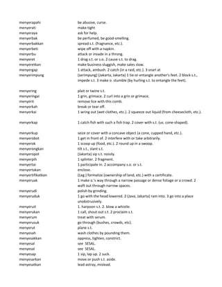 menyerapahi be abusive, curse.
menyerati make tight
menyeraya ask for help.
menyerbak be perfumed, be good-smelling.
menyerbakkan spread s.t. (fragnance, etc.).
menyerbeti wipe off with a napkin.
menyerbu attack or invade in a throng.
menyeret 1 drag s.t. or s.o. 2 cause s.t. to drag.
menyeretkan make business sluggish, make sales slow.
menyergap 1 attack, ambush. 2 catch (in a raid, etc.). 3 snarl at
menyerimpung (serimpung) (Jakarta, Jakarta) 1 tie or entangle another's feet. 2 block s.t.,
impede s.t. 3 make o. stumble (by hurling s.t. to entangle the feet).
menyering plait or twine s.t.
menyeringai 1 grin, grimace. 2 curl into a grin or grimace.
menyerit remove lice with this comb.
menyerkah break or tear off.
menyerkai 1 wring out (wet clothes, etc.). 2 squeeze out liquid (from cheesecloth, etc.).
menyerkap 1 catch fish with such a fish trap. 2 cover with s.t. (us. cone-shaped).
menyerkup seize or cover with a concave object (a cone, cupped hand, etc.).
menyerobot 1 get in front of. 2 interfere with or take arbitrarily.
menyerok 1 scoop up (food, etc.). 2 round up in a swoop.
menyerongkan tilt s.t., slant s.t.
menyeropot (Jakarta) sip s.t. noisily.
menyerpih 1 splinter. 2 fragment.
menyertai 1 participate in. 2 accompany s.o. or s.t.
menyertakan enclose.
menyertifikatkan (Leg.) formalize (ownership of land, etc.) with a certificate.
menyeruak 1 make o.'s way through a narrow passage or dense foliage or a crowd. 2
waft out through narrow spaces.
menyerudi polish by grinding.
menyeruduk 1 go with the head lowered. 2 (Java, Jakarta) ram into. 3 go into a place
unobstrusively.
menyeruit 1. harpoon s.t. 2. blow a whistle.
menyerukan 1 call, shout out s.t. 2 proclaim s.t.
menyerum treat with serum.
menyerusuk go through (bushes, crowds, etc).
menyerut plane s.t.
menyesah wash clothes by pounding them.
menyesakkan oppress, tighten, constrict.
menyesal see SESAL.
menyesal see SESAL.
menyesap 1 sip, lap up. 2 suck.
menyesarkan move or push s.t. aside.
menyesatkan lead astray, mislead.
 