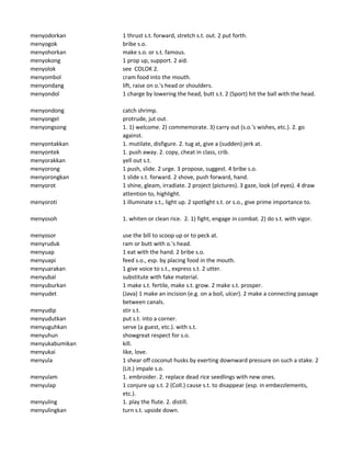 menyodorkan 1 thrust s.t. forward, stretch s.t. out. 2 put forth.
menyogok bribe s.o.
menyohorkan make s.o. or s.t. famous.
menyokong 1 prop up, support. 2 aid.
menyolok see COLOK 2.
menyombol cram food into the mouth.
menyondang lift, raise on o.'s head or shoulders.
menyondol 1 charge by lowering the head, butt s.t. 2 (Sport) hit the ball with the head.
menyondong catch shrimp.
menyongel protrude, jut out.
menyongsong 1. 1) welcome. 2) commemorate. 3) carry out (s.o.'s wishes, etc.). 2. go
against.
menyontakkan 1. mutilate, disfigure. 2. tug at, give a (sudden) jerk at.
menyontek 1. push away. 2. copy, cheat in class, crib.
menyorakkan yell out s.t.
menyorong 1 push, slide. 2 urge. 3 propose, suggest. 4 bribe s.o.
menyorongkan 1 slide s.t. forward. 2 shove, push forward, hand.
menyorot 1 shine, gleam, irradiate. 2 project (pictures). 3 gaze, look (of eyes). 4 draw
attention to, highlight.
menyoroti 1 illuminate s.t., light up. 2 spotlight s.t. or s.o., give prime importance to.
menyosoh 1. whiten or clean rice. 2. 1) fight, engage in combat. 2) do s.t. with vigor.
menyosor use the bill to scoop up or to peck at.
menyruduk ram or butt with o.'s head.
menyuap 1 eat with the hand. 2 bribe s.o.
menyuapi feed s.o., esp. by placing food in the mouth.
menyuarakan 1 give voice to s.t., express s.t. 2 utter.
menyubal substitute with fake material.
menyuburkan 1 make s.t. fertile, make s.t. grow. 2 make s.t. prosper.
menyudet (Java) 1 make an incision (e.g. on a boil, ulcer). 2 make a connecting passage
between canals.
menyudip stir s.t.
menyudutkan put s.t. into a corner.
menyuguhkan serve (a guest, etc.). with s.t.
menyuhun showgreat respect for s.o.
menyukabumikan kill.
menyukai like, love.
menyula 1 shear off coconut husks by exerting downward pressure on such a stake. 2
(Lit.) impale s.o.
menyulam 1. embroider. 2. replace dead rice seedlings with new ones.
menyulap 1 conjure up s.t. 2 (Coll.) cause s.t. to disappear (esp. in embezzlements,
etc.).
menyuling 1. play the flute. 2. distill.
menyulingkan turn s.t. upside down.
 