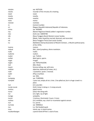 notulen see NOTILEN.
notulis recorder of the minutes of a meeting.
novel novel.
novela novella.
novelis novelist.
novis novice.
novisiat novitiate.
nr. [nomor] number.
nri [Negara Republik Indonesia] Republic of Indonesia.
nrimo see NERIMO.
nrp [Nomer Registrasi Pokok] soldier's registration number.
ntar (Coll.) see SEBENTAR.
ntb [Nusa Tenggara Barat] Western Lesser Sundas.
ntr [Nikah, Talak, Rujuk] be married, divorced, and recorciled.
ntt [Nusa Tenggara Timur] East Lesser Sundas.
nu [Nahdlatul Ulama] Association of Muslim Scholars, a Muslim political party
of the 1970s.
nuansa nuance.
nubuat (Rel., Islam) prophecy, divine revelation.
nudis nudist.
nudisme nudism.
nuduh see TUDUH.
nuftah (Biol.) germ, sperm.
nugat nougat.
nugini see PAPUA NUGINI.
nuh (Bib.) Noah.
nujum fortune-telling, esp. with stars.
nukhter objective, balanced (of views, etc.).
nukil 1 quotation, quote. 2 excerpt.
nuklir (Phys.) nuchlear.
nul see NOL.
numpang see TUMPANG.
numplek 1 pour out, empty all at o. time. 2 be splled out, be in a huge crowd in a
place.
nun (Lit.) younder.
nunak-nunuk (Coll.) 1slow in doing s.t. 2 snoop around.
nuntius papal nuncio.
nunut (Java) ride along with.
nur (Lit.) light, ray of light.
nuraga sympathy.
nurani 1 lustrous, illuminated. 2 pure. 3 inner.
nurbisa (Lit.) antidote, esp. charm or incantation against venom.
nuri k.o. parrot.
nurmala see NIRMALA.
nus k.o. flat-headed squid.
nusa island, esp. in island names.
nusakambangan a penal island off the S. coast of Java.
 