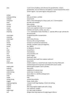 oma 1 (coll.) term of address and reference for grandmother. 2 (Coll.)
grandmother, term of reference and address in westernized families and in
certain regions. 3 (in some regions only) great-aunt.
ombak wave.
ombang-ambing bob up and down, oscillate.
ombyok (Java) bunch.
ombyokan (Coll.) 1 those belonging to a clique, party, etc. 2 commonplace.
omel grumble and complain.
omelan gripe, griping.
omong 1 way of talking. 2 talk, say.
ompol (Coll.) urine expelled in bed or in o.'s pants.
ompong toothless (of mouths, combs, saw, etc.).
ompreng 1. k.o. small basket made of bamboo. 2. operate office or gvt. vehicles for
personal profit.
omprengan unregistered public transportation.
omprong smoke.
omprongan (Coll.) lamp chimney.
ompu honorary title among the Batak.
omset turnover (in commercial enterprise).
omslag /omslah, omslakh/ cover (of magazine).
omzet see OMSET.
on 1) 100 grams. 2) ounce.
onak curved thorn.
onani masturbation.
onar noisy sensation, stir.
oncar (Java) irrigate.
oncek (Java) peel, shell.
oncom fermanted cake made from soybean sediment.
oncor (Java) torch.
onde-onde /ondeh-ondeh/ k.o. round fried cake made of rice flour filled with
sweetened ground mung beans sprinkled with sesame seeds.
ondel-ondel (jakarta) giant puppets used in parades.
onderdil spare parts.
onderdistrik subdistrict (in colonial area).
onderneming estate (esp. in colonial era).
onderok slip or other k.o. skirtlike undergarment.
ondo (Java) ladder.
ondok hide.
oneng-oneng remote descendants.
onggok heaps, stacks, piles.
ongkang-ongkang 1 (Java) sit with legs dangling. 2 (Coll.) do nothing.
ongklok pierced.
ongkok (M) meng-ongkok-ongkok walk with a stoop.
ongkos cost, expenses, charges.
ongol-ongol k.o. cake made of tapioca.
onh [Ongkos Naik Haji] expenses for pilgrimage to Mecca.
 
