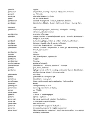pemasok supplier.
pemasukan 1 registration, entering. 2 import. 3 introduction. 4 income.
pematah see PEPATAH.
pematang bund, dike between rice fields.
pemb- see also entries with b-.
pembabaran 1 spread, development. 2 account, statement. 3 expose.
pembagian 1 distribution. 2 (Math.) division. 3 allotment, division. 4 sharing, share.
pembalap racer.
pembalasan 1.reply,replying,response,responding2.recompense 3.revenge,
retribution,retaliation,reprisal.
pembangkitan generation (of energy).
pembantu 1 helper, assistant. 2 (domestic) servant. 3 (Leg.) accessory, accomplice. 4
stringer (in journalism).
pembatak 1 plunderer, pillager, robber . 2 soldier of fortune , adventurer .
pembatas 1 diveider, circuit breaker. 2 restraint (of trade).
pembatasan 1 restriction. 2 delimitation. 3 curtailment.
pembawaan 1 nature , character , temperament. 2 talent , gift 3 transporting , delivery
4 result , consequence .
pembayatan hazing.
pembela protector.
pembelaan 1 act of caring for s.o. 2 protection.
pembelanja shopper.
pembelanjaan financing.
pemberangkatan sending off, dispatch.
pemberhentian /pembrentian/ 1 discharge, disimissal. 2 stoppage.
pemberi giver, donor, bestower.
pemberian 1 gift, present. 2 conferral, awarding, bestowal (of degree). 3 distiibution,
act of distributing. 4 issue. 5 giving, extending.
pemblokiran blockading.
pemda [pemerintahan daerah] local gvt.
pemelihara 1 caretaker. 2 nurseryman.
pemeliharaan 1 care, maintenance.2 rearing, cultivation. 3 safeguarding.
pemenang winner.
pemenggalan cutting off the top or head.
pementasan 1 showing, presentation. 2 staging.
pemeo see PAMEO.
pemeragaan exhibit.
pemerah 1. milker. 2. reddening agent.
pemeras 1 press. 2 exploiter.
pemerasan 1 pressing, squeezing. 2 extortion. 3 exploitation.
pemerata s.t. that causes even distribution.
pemerataan even distribution.
pemerhati observer (for the purpose of study, etc.).
pemeriksa 1 investigator, inspector. 2 ( Leg.) cross-examiner.
pemeriksaan 1(Leg.) investigation, inspection. 2 (Leg.) cross-examination, interrogation.
3 checkup, examination.
 