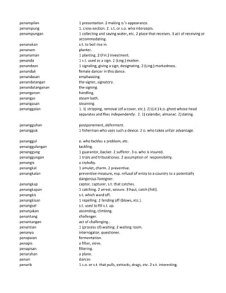 penampilan 1 presentation. 2 making o.'s appearance.
penampung 1. cross-section. 2. s.t. or s.o. who intercepts.
penampungan 1 collecting and saving water, etc. 2 place that receives. 3 act of receiving or
accommodating.
penanakan s.t. to boil rice in.
penanam planter.
penanaman 1 planting. 2 (Fin.) investment.
penanda 1 s.t. used as a sign. 2 (Ling.) marker.
penandaan 1 signaling, giving a sign, designating. 2 (Ling.) markedness.
penandak female dancer in this dance.
penandasan emphasizing.
penandatangan the signer, signatory.
penandatanganan the signing.
penanganan handling.
penangas steam bath.
penangasan steaming.
penanggalan 1. 1) stripping, removal (of a cover, etc.). 2) (Lit.) k.o. ghost whose head
separates and flies independently. 2. 1) calendar, almanac. 2) dating.
penangguhan postponement, deferment.
penangguk 1 fisherman who uses such a device. 2 o. who takes unfair advantage.
penanggul o. who tackles a problem, etc.
penanggulangan tackling.
penanggung 1 guarantor, backer. 2 sufferer. 3 o. who is insured.
penanggungan 1 trials and tribulationas. 2 assumption of responsibility.
penangis a crybaby.
penangkal 1 amulet, charm. 2 preventive.
penangkalan preventive measure, esp. refusal of entry to a country to a potentially
dangerous foreigner.
penangkap captor, capturer, s.t. that catches.
penangkapan 1 catching. 2 arrest, seizure. 3 haul, catch (fish).
penangkis s.t. which ward off.
penangkisan 1 repelling. 2 fending off (blows, etc.).
penangsel s.t. used to fill s.t. up.
penanjakan ascending, climbing.
penantang challenger.
penantangan act of challenging..
penantian 1 (process of) waiting. 2 waiting room.
penanya interrogator, questioner.
penapaian fermentation.
penapis a filter, sieve.
penapisan filtering.
penarahan a plane.
penari dancer.
penarik 1 s.o. or s.t. that pulls, extracts, drags, etc. 2 s.t. interesting.
 