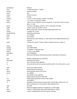 pustakawan librarian.
pusu 1. (M) troop, band. 2. anthill.
pusung dreamer, dullard.
pusut awl.
putao (China) rice wine.
putar turning.
putaran 1 circle. 2 crank, windlass. 3 wheel. 4 showing.
puter 1. k.o. dove. 2. (Java) see PUTAR.
putera 1 prince. 2 son, child (of o. who is respected). 3 a son of (o. from) a certain
place. 4. male.
puteri 1 princess. 2 daughter, girl (of o. who is respected). 3 female.
putih 1 white. 2 pale, fair skinned. 3 pure.
putik (Biol.) 1 bud, pistil. 2 ovary. ber-putik beginning to bear fruit.
puting 1 handle, hilt. 2 stalk.
puting-beliung whirlwind, waterspout.
putra see PUTERA.
putri see PUTERI.
putu steamed cake. putu-mayang k.o. cake made of rice noodles fashioned into
a wreath.
putus 1 broken off, served. 2 break. 3 finish. 4 break a promise. 5 sever s.t.
puyan body dirt.
puyang see LEMPUYANG.
puyeng 1 headache. 2 confused, dizzy.
puyuh 1. quail. 2. see ANGIN.
puyunghai see FUYONGHAI.
pwi [Persatuan Wartawan Indonesia] Journalists' Association of Indonesia.
pym [Paduka Yang Mulia] Your Excellency.
pyuh-pyuh expression of surprise.
q the 17 th letter of the alphabet.
q- almost all words with q may also be written with k. For entries with q- see k-
.
qabil (Islam) Cain, Abel's brother.
qari (Islam) receiter of the Koran.
qariah (Islam) female reciter of the Koran.
qur'an see KORAN.
r the 18 letter of the alphabet.
r. [Raden] (Java) masculine noble title.
r.m. [Raden Mas] (Java) title of minor male nobility.
ra'yat see RAKYAT.
ra. [radiallahu an(hu) ] (Islam) an exclamation uttered after mention of o. of
Muh.'s companions or the prophets: May God bless him !
raad see RAD.
rab [Rencana Anggaran Belanja] 1 budget plan. 2 draft budge.
raba 1 feel s.t. 2 grope (often with sexual implications). 3 guess.
rabaan 1 touch. 2 groping with the hand. 3 guess, estimate.
 
