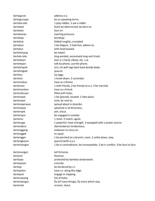 berteguran address e.o.
bertegursapa be on speaking terms.
berteka-teki 1 play riddles. 2 ask a riddle.
bertekad (hati) be determined, be bent on.
bertekan lean on.
bertekanan exerting pressure.
bertekap bertekap
bertekuk folded roughly, crumpled.
bertekun 1 be diligent. 2 hold fast, adhere to.
bertekur with head bowed.
bertelanjang be naked.
bertele-tele long-winded, excessively long and trivial.
bertelekan lean o.'s hand, elbow, etc. s.w.
bertelepon talk by phone, use the phone.
bertelimpuh (Lit.) sit with legs bent back beside body.
bertelingkah quarrel.
bertelur lay eggs.
bertelut 1 kneel down. 2 surrender.
bertemakan have as a theme.
berteman 1 with friends. 2 be friends to e.o. 3 be married.
bertemankan have as a friend.
bertembusan filled with holes.
bertempat 1 be (placed), located. 2 take place.
bertempel stick, be next to.
bertemperasan spread about in disorder.
bertempiar splashed in all directions.
bertempik yell, shout.
bertempur be engaged in combat.
bertemu 1 meet. 2 match, agree.
bertenaga 1 powerful, have strength. 2 equipped with a power source.
bertendens /bertendensi/ tendentious.
bertenggang endeavor to carry on.
bertenggek to squat.
bertengger 1 be perched on a branch, roost. 2 settle down, stay.
bertengkaran quarrel (with e.o.).
bertentangan 1 be in contradiction, be incompatible. 2 be in conflict. 3 be face to face.
bertenungan tell fortunes.
berteori theorize.
bertepas protected by bamboo wickerwork.
bertepatan coincide.
bertepi be bordered by s.t.
bertepikan have s.t. along the edge.
bertepuk engage in clapping.
berterawang full of holes.
berterbangan fly (of many things), fly every which way.
berteriak scream, shout.
 