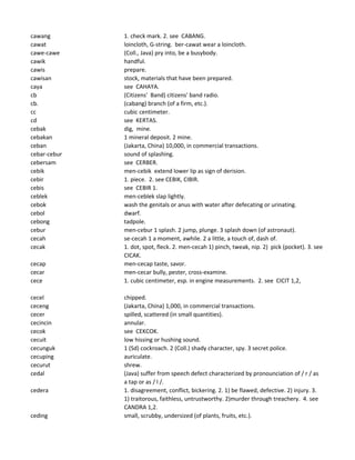 cawang 1. check mark. 2. see CABANG.
cawat loincloth, G-string. ber-cawat wear a loincloth.
cawe-cawe (Coll., Java) pry into, be a busybody.
cawik handful.
cawis prepare.
cawisan stock, materials that have been prepared.
caya see CAHAYA.
cb (Citizens' Band) citizens' band radio.
cb. (cabang) branch (of a firm, etc.).
cc cubic centimeter.
cd see KERTAS.
cebak dig, mine.
cebakan 1 mineral deposit. 2 mine.
ceban (Jakarta, China) 10,000, in commercial transactions.
cebar-cebur sound of splashing.
cebersam see CERBER.
cebik men-cebik extend lower lip as sign of derision.
cebir 1. piece. 2. see CEBIK, CIBIR.
cebis see CEBIR 1.
ceblek men-ceblek slap lightly.
cebok wash the genitals or anus with water after defecating or urinating.
cebol dwarf.
cebong tadpole.
cebur men-cebur 1 splash. 2 jump, plunge. 3 splash down (of astronaut).
cecah se-cecah 1 a moment, awhile. 2 a little, a touch of, dash of.
cecak 1. dot, spot, fleck. 2. men-cecah 1) pinch, tweak, nip. 2) pick (pocket). 3. see
CICAK.
cecap men-cecap taste, savor.
cecar men-cecar bully, pester, cross-examine.
cece 1. cubic centimeter, esp. in engine measurements. 2. see CICIT 1,2,
cecel chipped.
ceceng (Jakarta, China) 1,000, in commercial transactions.
cecer spilled, scattered (in small quantities).
cecincin annular.
cecok see CEKCOK.
cecuit low hissing or hushing sound.
cecunguk 1 (Sd) cockroach. 2 (Coll.) shady character, spy. 3 secret police.
cecuping auriculate.
cecurut shrew.
cedal (Java) suffer from speech defect characterized by pronounciation of / r / as
a tap or as / l /.
cedera 1. disagreement, conflict, bickering. 2. 1) be flawed, defective. 2) injury. 3.
1) traitorous, faithless, untrustworthy. 2)murder through treachery. 4. see
CANDRA 1,2.
ceding small, scrubby, undersized (of plants, fruits, etc.).
 