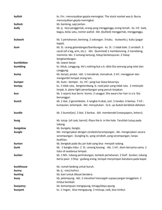 bullish ks. Fin.: menunjukkan gejala meningkat. The stock market was b. Bursa
menunjukkan gejala meningkat.
bullock kb. banteng, sapi jantan.
bully kb. (j. -lies) penggertak, orang yang mengganggu orang lemah. -ks. Inf.: baik,
bagus, kelas satu, nomor wahid. -kkt. (bullied) menggertak, mengganggu.
bulwark kb. 1 pertahanan, benteng. 2 sokongan. 3 kubu. -bulwarks j. kubu (pagar
kapal).
bum kb. Sl.: orang gelandangan/bambungan. -ks. Sl.: 1 tidak baik. 2 ceroboh. 3
cacat (of a leg, arm, etc.). -kkt. (bummed) 1 membonceng. 2 menebeng,
meminta -kki. 1 luntang-lantung, hidup berkeluyuran. 2 hidup
bergelandangan.
bumblebee kb. tawon besar.
bumbling ks. kikuk, canggung. He's nothing but a b. idiot Dia seorang yang tolol dan
canggung.
bump kb. benjol, jendul. -kkt. 1 menabrak, menubruk. 2 Inf.: menggeser dan
mengambil tempat orang lain.
bumper kb. Auto : bemper. -ks. Inf.: yang luar biasa besarnya.
bumpy ks. 1 tidak rata, bergelombang. b. road jalan yang tidak rata. 2 melonjak-
lonjak. b. plane fight penerbangan yang penuh lonjakan.
bun kb. 1 sejenis kue berisi kismis. 2 sanggul. She wears her hair in a b. Dia
bersanggul.
bunch kb. 1 ikat. 2 gerombolan. 3 rangkai 4 sikat, sisir. 5 tandan. 6 berkas. 7 Inf.:
kumpulan, kelompok. -kkt. menyatukan. to b. up duduk berdekat-dekatan.
bundle kb. 1 buntel(an). 2 ikat. 3 berkas. -kkt. membendel (newspapers, letters).
bung kb. tutup (of cask, barrel). Place the b. in the hole Taruhlah tutup pada
lubang.
bungalow kb. bungalo, banglo.
bungle kkt. mengerjakan dengan ceroboh/serampangan. -kki. mengerjakan secara
serampangan. -bungling ks. yang ceroboh, yang serampangan, tanpa
keahlian.
bunion kb. bengkak pada ibu jari kaki yang bisa menjadi radang.
bunk kb. 1 bangku tidur. 2 Sl.: omong kosong. -kki. 1 Inf.: diam bersama-sama. 2
tidur di seadanya tempat.
bunker kb. 1 Mil.: lubang perlindungan, tembok pertahanan. 2 Golf : bunker, lubang
berisi pasir. 3 Ship : gudang arang, tempat menyimpan batubara pada kapal.
bunkhouse kb. rumah bedeng untuk buruh.
bunny kb. (j. -nies) kelinci.
bunting kb. kain untuk dibuat bendera.
buoy kb. pelampung. -kkt. 1 menahan'mencegah supaya jangan tenggelam. 2
timbul kembali.
buoyancy kb. kemampuan mengapung, tenaga/daya apung.
buoyant ks. 1 ringan, bisa mengapung. 2 meluap, naik, bisa timbul.
 
