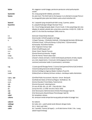 bylaw kb. anggaran rumah tangga, peraturan-peraturan untuk perkumpulan
sendiri.
bystander kb. orang yang berdiri didekat, penonton.
byway kb. jalan kecil. The thief took to the byways in an attempt to escape Pencuri
itu mengambil jalan-jalan kecil dalam usaha untuk melarikan diri.
byword kb. 1 pepatah yang menjadi buah bibir orang. 2 pemeo, ejekan.
byzantine ks. yang berhubungan dengan Rumawi Timur.
c kb. 1 huruf ketiga daripada abjad. 2 kunci musik. 3 nilai yang ketiga dari atas
(dipakai di sekolah-sekolah dan universitas-universitas di AS) 4 Sl.: $100. He
paid 3 C's for that Dia membayar $300 untuk itu.
c c (Consular Corps) Korps Konsuler.
c-in-c (Commander-inChief) panglima tertinggi.
c. 1 (Cape) Tanjung. 2 (Catholic) Katholik. 3 (Centigrade) berskala 100 derajat.
4 (Center) Pusat. 5 (Chruch) Gereja. 6 (City) Kota. 7 (Conservative)
Konserpatip. 8 (Carbon) Karbon.
c. e. (Civil Engineer) Insinyur Sipil.
c. of s. (Chief of Staff) kepala staf.
c. z. (Canal Zone) Daerah Terusan.
c.a. (Central America) Amerika Tengah.
c.a.p. (Civil Air Patrol) Patroli Udara Sipil.
c.c., c.c. (chasier's check) cek bank. 2 (chief clerk) kepala pembantu di toko, kepala
juru tulis, kepala komis. 3 (consular clerk) pegawai konsuler.5 (cubic
centimer) sentimeter kubik. 6 (centimeters) sentimeter.
c.g. 1 (coast guard) Penjaga Pantai. 2 (consul (ate) general) Konsul (at) Jenderal.
3 (Commanding General) Jenderal Panglima.
c.i.a (Central Intelligence Agency) Badan Intelijens Pusat AS.
c.o.d. (Collect/Cash on Delivery) kiriman remburs. membayar waktu diantarkan.
c.p.a., cpa (Certified Public Accountant) Akuntan Umum Berijazah.
c.s.a. (Confederate States of America) Negara Konfederasi AS.
c.s.t. (Central Standart Time) Waktu Tolok Sentral.
c/a (Current Account) rekening koran.
c/o (in care of) d/p. d/a. c/o. Mr. J. Doe d/p Sdr J. Doe.
ca (circa) kira-kira. ca 1950 kira-kira Tahun 1950.
caa (Civil Aeronautics Administration) Direksi Penerbangan Sipil AS.
cab (Civil Aeronautics Board) Dewan Penerbangan Sipil AS.
cabal kb. komplotan rahasia.
cabana kb. semacam tenda tempat bernaung pada permadani di pinggir laut.
cabaret kb. kabaret.
cabbage kb. kubis, kol. c. patch petak tanah ditanam dengan kubis.
cabby kb. (j. -bies) supir taksi.
cabin kb. 1 pondok. 2 kamar (di kapal). c. on B deck kamar di dek. 3 Av.: ruang
(dalam kapal terbang)
 