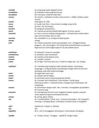 cannibal kb. orang yang makan daging manusia.
cannibalism kb. kebiasaan makan dagimg manusia.
cannibalize kkt. mencopot (onderdil mobil dsb.)
cannon kb. meriam. c. ball peluru bundar untuk meriam. c. fodder serdadu umpan
meriam.
cannot tidak dapat. lih CAN.
canny ks. cerdik, licik, lihai. c. businessman saudagar yang cerdik.
canoe kb. kano. -kki. bersampan.
canoeist kb. pengayuh sampan/kano.
canon kb. 1 peraturan-peraturan/dalih-dalih agama. 2 norma, ukuran.
canonical ks. resmi, menurut undang-undang gereja. c. writings tulisan-tulisan dalam
buku resmi (misalnya Qur'an, Injil).
canonize kkt. menjadikan (s.s.o. orang) suci dalam gereja.
canopy canopy
cant kb. 1 bahasa yang khas untuk suatu golongan. the c. of beggars bahasa
pengemis -kkt. memiringkan. The strong wind canted the boat to starboard
Angin keras itu memiringkan kapal itu ke arah sebelah kanan.
cantaloupe kb. belewa(r), semacam semangka.
cantankerous ks. bantahan, suka membantah.
cantata kb. nyanyian untuk paduan suara.
canteen kb. 1 pelples. 2 kantin.
canter kb. lari ligas. The horse went at a c. Kuda itu meligas saja. -kki. meligas.
cantilever kb. 1 tembok yang menganjur keluar penahan balkon. 2 penopang,
penyangga. c. bridge jembatan yang dibangun dengan bantuan dua buah
penopang, yang tidak saling menyangga.
canto kb. bagian dari suatu syair.
canton kb. wilayah, daerah bagian.
cantor kb. pemimpin nyanyi, penyanyi (di gereja Jahudi).
canvas kb. 1 kampas, kain mota/terpal. 2 kain kampas. 3 lantai (yang
berkampas).under c. 1 dibawah kemah. 2 dengan layar terkembang. -kkt
mengampas.
canvass kb. pemeriksaan dengan teliti. -kkt. 1 meneliti. 2 mengadakan penyelidikan -
kki. meminta uang.
canvasser kb. seorang yang meminta suara, langganan kepada majalah, uang dsb.
untuk organisasi-organisasi kesejahteraan dsb.
canyon kb. jurang, ngarai, tebing.
cap kb. 1 sumbat (botol). 2 Acad.: topi. 3 tutup (untuk pulpen). -kkt. (capped) 1
menutupi. 2 terdapat diatas. 3 membalut, memberi tutup. 4 mengakhiri
cap'n (captain) kb. 1 kapten. 2 nakhoda.
cap. cap.
capability kb. (j. -ties) 1 kesanggupan, kemampuan. 2 kemampuan, kecakapan.
capable ks. 1 cakap, mampu. 2 sanggup. -capably kk. dengan cakap.
 