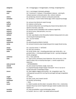 categorize kkt. 1 mengganggap. 2 menggolongkan, membagi, mengkategorikan.
category kb. (j. -ries) kategori, kelompok, golongan.
cater kki. 1 memenuhi. 2 melayani. 3 menyediakan makanan. -catering kb.
melayani pesanan untuk pesta-pesta dsb., melever makanan.
caterer kb. pemborong, leveransir makanan untuk pesta-pesta dsb.
caterpillar kb. ulat (bulu). c. tractor traktor berban-gigi, traktor yang bannya bergigi.
catfish kb. semacam ikan (berkumis seperti kucing)
catfood kb. makanan untuk kucing.
catgut kb. tali/senar dibuat dari usus kambing atau hewan lainnya dijemur dan
dipintal untuk biola, raket dsb.
catharsis kb. perasaan terharu disebabkan oleh sandiwara tragedi dsb.
cathartic kb. pencuci perut, obat pencahar, urus-urus.
cathedral kb. katedral.
catheter kb. med.: pipa dipakai untuk dimasukkan kedalam lubang tubuh (mis: jalan
air kencing dari kandung kencing).
cathode kb. c. ray sinar katoda.
catholic catholic
catholicism kb. paham/kayakinan/doktrin Katholik.
catnip kb. semacam tanaman yang mengandung permen sangat disukai kucing.
catsup kb. 1 saus/sos tomat. 2 '= KETCHUP.
cattiness kb. sifat suka membenci.
cattle kb. ternak, lembu, sapi. c. breeding peternakan sapi, lembu dsb. c. car
gerobak lembu. c. crossing penyeberangan ternak. c. grazing mengangon
ternak, pengangon.
cattleman kb. (j. -men). peternak.
catty ks. tajam (mulut, perkataan), berisi kebencian. She can be very c. if she
wants to Kalau mau ia mulutnya bisa tajam. c. remark ucapan berisi
kebencian.
catty-cornered = CATERCORNERED.
catwalk kb. jalan sempit di jembatan, tangki, mesin dsb.
caucasian ks. yang berhubungan dengan bangsa "kulit putih". He is C. by race Ia
bangsa kulit putih. Ia berbangsa Eropah.
caucus kb. rapat anggota-anggota partai politik. -kki. mengadakan rapat. The
striking group caucused this morning Para pemogok tadi pagi mengadakan
rapat.
caught lih CATCH.
cauldron kb. ketel, cerek, ceret, kawah, kancah.
cauliflower kb. blumkol, kol kembang.
caulk = CALK.
causal ks. sebab musabab, bersifat sebab- menyebab. What is the c. relationship
between these two events? Apakah hubungan sebab musabab antara dua
kejadian ini?
causation kb. yang menyebabkan, yang mendatangkan akibat.
causative ks. kausatif. -kan is a c. suffix -kan adalah akhiran kausatif.
 