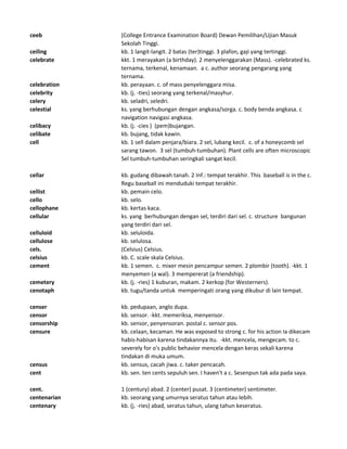 ceeb (College Entrance Examination Board) Dewan Pemilihan/Ujian Masuk
Sekolah Tinggi.
ceiling kb. 1 langit-langit. 2 batas (ter)tinggi. 3 plafon, gaji yang tertinggi.
celebrate kkt. 1 merayakan (a birthday). 2 menyelenggarakan (Mass). -celebrated ks.
ternama, terkenal, kenamaan. a c. author seorang pengarang yang
ternama.
celebration kb. perayaan. c. of mass penyelenggara misa.
celebrity kb. (j. -ties) seorang yang terkenal/masyhur.
celery kb. seladri, seledri.
celestial ks. yang berhubungan dengan angkasa/sorga. c. body benda angkasa. c
navigation navigasi angkasa.
celibacy kb. (j. -cies ) (pem)bujangan.
celibate kb. bujang, tidak kawin.
cell kb. 1 sell dalam penjara/biara. 2 sel, lubang kecil. c. of a honeycomb sel
sarang tawon. 3 sel (tumbuh-tumbuhan). Plant cells are often microscopic
Sel tumbuh-tumbuhan seringkali sangat kecil.
cellar kb. gudang dibawah tanah. 2 Inf.: tempat terakhir. This baseball is in the c.
Regu baseball ini menduduki tempat terakhir.
cellist kb. pemain celo.
cello kb. selo.
cellophane kb. kertas kaca.
cellular ks. yang berhubungan dengan sel, terdiri dari sel. c. structure bangunan
yang terdiri dari sel.
celluloid kb. seluloida.
cellulose kb. selulosa.
cels. (Celsius) Celsius.
celsius kb. C. scale skala Celsius.
cement kb. 1 semen. c. mixer mesin pencampur semen. 2 plombir (tooth). -kkt. 1
menyemen (a wal). 3 mempererat (a friendship).
cemetery kb. (j. -ries) 1 kuburan, makam. 2 kerkop (for Westerners).
cenotaph kb. tugu/tanda untuk memperingati orang yang dikubur di lain tempat.
censer kb. pedupaan, anglo dupa.
censor kb. sensor. -kkt. memeriksa, menyensor.
censorship kb. sensor, penyensoran. postal c. sensor pos.
censure kb. celaan, kecaman. He was exposed to strong c. for his action Ia dikecam
habis-habisan karena tindakannya itu. -kkt. mencela, mengecam. to c.
severely for o's public behavior mencela dengan keras sekali karena
tindakan di muka umum.
census kb. sensus, cacah jiwa. c. taker pencacah.
cent kb. sen. ten cents sepuluh sen. I haven't a c. Sesenpun tak ada pada saya.
cent. 1 (century) abad. 2 (center) pusat. 3 (centimeter) sentimeter.
centenarian kb. seorang yang umurnya seratus tahun atau lebih.
centenary kb. (j. -ries) abad, seratus tahun, ulang tahun keseratus.
 