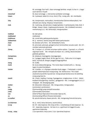 clover kb. semanggi. four-leaf c. daun semanggi berhelai empat. to live in c. bagai
ayam bertelur di padi.
cloverleaf kb. daun semanggi. c. intersection jembatan semanggi.
clown kb. 1 pelawak, badut (in circus, fairs) 2 Pej.: orang udik. -kki. membadut.
cloy kki. menjemukan, memualkan, membosankan (karena kebanyakan). Her
attitude was cloying Sikapnya menjemukan.
club kb. 1 pentung, alat pemukul, tongkat getokan. 2 perkumpulan, klab, klub. 3
Bridge : klawar, klaver. 4 gedung perkumpulan. -kkt. (clubbed) memukul,
mementung (s.o.). -kki. berkumpul, mengumpulkan.
clubfoot kb. kaki pekuk.
clubfooted clubfooted
clubhouse kb. rumah bola, gedung perkumpulan.
clubwoman kb. (j. -women). wanita yang aktif dalam perkumpulan.
cluck kb. ketokan (of a hen). -kki. berketok(of a hen).
clue kb. penunjuk, petunjuk, gelagat (untuk memecahkan sesuatu soal). -kki. Inf.:
memberi petunjuk-petunjuk.
clump kb. 1 rumpun. a c. of trees serumpun pohon-pohon. 2 gumpal. a c. of earth
segumpal tanah. -kkt. menjadi serumpun. to c. (along, about) berjalan
gedebak-gedebuk.
clumpsiness kb. kekakuan, kejanggalan, kacanggungan.
clumsy ks. 1 janggal, kagok, kikuk. At this age he's so c. Pada umur ini ia kagok
betul. clumsily kk. dengan janggal/canggung/kikuk.
clung lih CLING.
clunk kb. bunyi debam/dengkang. The metal object landed with a c. Barang
logam itu jatuh berdebam.
cluster kb. 1 tandan. a c. of grapes setandan buah anggur. 2 kelompok. a small c.
people sekelompok kecil orang-orang. -kki. berkerumun. The crowd
clustered around the injured man Orang banyak berkerumun di sekeliling
orang yang luka itu.
clutch kb. 1 Auto.: kopling. 2 sarang. 3 genggaman, cengkeraman. in the c. dalam
keadaan kritis/genting. clutches j. genggaman. -kkt. 1 menggenggam (s.t.). 2
mengepit. -kki. berpegang pada.
clutter kb. kekusutan, kekacauan. -kkt. mengusutkan, mengacaukan.
cm. (centimeter) senti(meter).
cmdg. (Commanding) yang menjadi komandan.
cmdr. (Commander) Komandan.
cno (Chief of Naval Operation) Komandan Operasi AL.
co (Commanding Officer) Perwira Komandan.
co-author kb. penulis bersama, kawan penulis. -kkt. mengarang,/menulis bersama.
co-chairman kb. (j. -men). ketua bersama, sesama ketua.
co-op kb. Inf.: toko koperasi. She shop at the c. Ia berbelanja di toko koperasi. -ks.
Inf.: koperatip, koperasi. He lives in a c. apartment Ia tinggal di suatu
apartemen koperatip.
co-op., coop. 1 (co-operation) kerja sama. 2 (co- operative) koperasi.
 