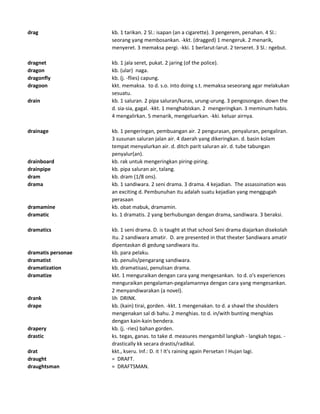 drag kb. 1 tarikan. 2 Sl.: isapan (an a cigarette). 3 pengerem, penahan. 4 Sl.:
seorang yang membosankan. -kkt. (dragged) 1 mengeruk. 2 menarik,
menyeret. 3 memaksa pergi. -kki. 1 berlarut-larut. 2 terseret. 3 Sl.: ngebut.
dragnet kb. 1 jala seret, pukat. 2 jaring (of the police).
dragon kb. (ular) naga.
dragonfly kb. (j. -flies) capung.
dragoon kkt. memaksa. to d. s.o. into doing s.t. memaksa seseorang agar melakukan
sesuatu.
drain kb. 1 saluran. 2 pipa saluran/kuras, urung-urung. 3 pengosongan. down the
d. sia-sia, gagal. -kkt. 1 menghabiskan. 2 mengeringkan. 3 meminum habis.
4 mengalirkan. 5 menarik, mengeluarkan. -kki. keluar airnya.
drainage kb. 1 pengeringan, pembuangan air. 2 pengurasan, penyaluran, pengaliran.
3 susunan saluran jalan air. 4 daerah yang dikeringkan. d. basin kolam
tempat menyalurkan air. d. ditch parit saluran air. d. tube tabungan
penyalur(an).
drainboard kb. rak untuk mengeringkan piring-piring.
drainpipe kb. pipa saluran air, talang.
dram kb. dram (1/8 ons).
drama kb. 1 sandiwara. 2 seni drama. 3 drama. 4 kejadian. The assassination was
an exciting d. Pembunuhan itu adalah suatu kejadian yang menggugah
perasaan
dramamine kb. obat mabuk, dramamin.
dramatic ks. 1 dramatis. 2 yang berhubungan dengan drama, sandiwara. 3 beraksi.
dramatics kb. 1 seni drama. D. is taught at that school Seni drama diajarkan disekolah
itu. 2 sandiwara amatir. D. are presented in that theater Sandiwara amatir
dipentaskan di gedung sandiwara itu.
dramatis personae kb. para pelaku.
dramatist kb. penulis/pengarang sandiwara.
dramatization kb. dramatisasi, penulisan drama.
dramatize kkt. 1 menguraikan dengan cara yang mengesankan. to d. o's experiences
menguraikan pengalaman-pegalamannya dengan cara yang mengesankan.
2 menyandiwarakan (a novel).
drank lih DRINK.
drape kb. (kain) tirai, gorden. -kkt. 1 mengenakan. to d. a shawl the shoulders
mengenakan sal di bahu. 2 menghias. to d. in/with bunting menghias
dengan kain-kain bendera.
drapery kb. (j. -ries) bahan gorden.
drastic ks. tegas, ganas. to take d. measures mengambil langkah - langkah tegas. -
drastically kk secara drastis/radikal.
drat kkt., kseru. Inf.: D. it ! It's raining again Persetan ! Hujan lagi.
draught = DRAFT.
draughtsman = DRAFTSMAN.
 