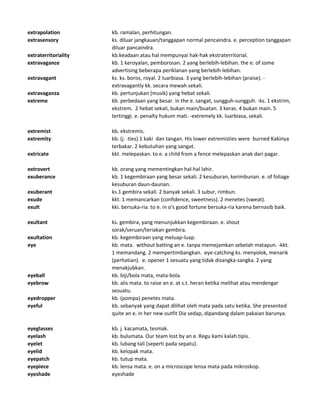 extrapolation kb. ramalan, perhitungan.
extrasensory ks. diluar jangkauan/tanggapan normal pencaindra. e. perception tanggapan
diluar pancaindra.
extraterritoriality kb.keadaan atau hal mempunyai hak-hak ekstraterritorial.
extravagance kb. 1 keroyalan, pemborosan. 2 yang berlebih-lebihan. the e. of some
advertising beberapa periklanan yang berlebih-lebihan.
extravagant ks. ks. boros, royal. 2 luarbiasa. 3 yang berlebih-lebihan (praise). -
extravagantly kk. secara mewah sekali.
extravaganza kb. pertunjukan (musik) yang hebat sekali.
extreme kb. perbedaan yang besar. in the e. sangat, sungguh-sungguh. -ks. 1 ekstrim,
ekstrem. 2 hebat sekali, bukan main/buatan. 3 keras. 4 bukan main. 5
tertinggi. e. penalty hukum mati. -extremely kk. luarbiasa, sekali.
extremist kb. ekstremis.
extremity kb. (j. -ties) 1 kaki dan tangan. His lower extremisties were burned Kakinya
terbakar. 2 kebutuhan yang sangat.
extricate kkt. melepaskan. to e. a child from a fence melepaskan anak dari pagar.
extrovert kb. orang yang mementingkan hal-hal lahir.
exuberance kb. 1 kegembiraan yang besar sekali. 2 kesuburan, kerimbunan. e. of foliage
kesuburan daun-daunan.
exuberant ks.1 gembira sekali. 2 banyak sekali. 3 subur, rimbun.
exude kkt. 1 memancarkan (confidence, sweetness). 2 menetes (sweat).
exult kki. bersuka-ria. to e. in o's good fortune bersuka-ria karena bernasib baik.
exultant ks. gembira, yang menunjukkan kegembiraan. e. shout
sorak/seruan/teriakan gembira.
exultation kb. kegembiraan yang meluap-luap.
eye kb. mata. without batting an e. tanpa memejamkan sebelah matapun. -kkt.
1 memandang. 2 mempertimbangkan. eye-catching ks. menyolok, menarik
(perhatian). e. opener 1 sesuatu yang tidak disangka-sangka. 2 yang
menakjubkan.
eyeball kb. biji/bola mata, mata-bola.
eyebrow kb. alis mata. to raise an e. at s.t. heran ketika melihat atau mendengar
sesuatu.
eyedropper kb. (pompa) penetes mata.
eyeful kb. sebanyak yang dapat dilihat oleh mata pada satu ketika. She presented
quite an e. in her new outfit Dia sedap, dipandang dalam pakaian barunya.
eyeglasses kb. j. kacamata, tesmak.
eyelash kb. bulumata. Our team lost by an e. Regu kami kalah tipis.
eyelet kb. lubang tali (seperti pada sepatu).
eyelid kb. kelopak mata.
eyepatch kb. tutup mata.
eyepiece kb. lensa mata. e. on a microscope lensa mata pada mikroskop.
eyeshade eyeshade
 