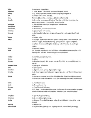 felon kb. penjahat, narapidana.
felonious ks. jahat, kejam. f. homicide pembunuhan yang kejam.
felony kb. (j. -nies) kejahatan, tindak-pidana yang tergolong berat.
felt kb. lakan, bulu kempa. lih FEEL.
fem. [feminine] 1 wanita, perempuan. 2 betina (of animals).
female kb. 1 wanita, perempuan. 2 betina. That dog a f. Anjing itu betina. -ks.
wanita, perempuan. f. companion teman wanita.
feminine ks. dari atau berhubungan dengan gadis atau wanita.
femininity kb. kewanitaan.
feminisme kb. feminisme, keadaan kewanitaan.
feminist kb. pejuang hak-hak wanita.
femoral ks. dari atau berhubungan dengan tulang paha. f. artery pembuluh nadi
paha.
femur kb. tulang paha.
fence kb. 1 pagar. 2 (receiver or stolen goods) tukang tadah. -kkt. memagari. -kki.
bermain anggar. fence-sitter orang, golongan atau negara yang tidak
berpihak. -fence-straddling kb. (ber)sikap netral -fencing kb. olahraga
anggar.
fencer kb. pemain anggar.
fend kkt. menolak, menangkis. to f. off blows menangkis pukulan-pukulan. -kki.
menjaga diri. to f. for myself menjaga diri saya sendiri.
fender kb. spatbor, sayap recik/roda.
fennel kb. adas.
ferment kb. keadaan meragi. -kki. beragi, meragi. The cider fermented Air apel itu
meragi.
fermentation kb. peragian, fermentasi
fern kb. pakis, paku.
ferocious ks. 1 ganas, buas, garang. 2 galak (of a dog).
ferocity kb. (j. -ties) keganasan, kebuasan, kegarangan. the f. of the wind keganasan
angin.
ferret kb. semacam musang yang telah dijinakkan dan dipakai untuk membunuh
tikus-tikus atau berburu kelinci. -kkt. to f. out menguber-uber, menemukan.
ferric ks. f acid asam besi.
ferris kb. f. wheel kincir ria.
ferrous ks. f. sulfide besi belerang.
ferry kb. (j. -ries) 1 perahu/kapal tambang, tambangan. 2 menerbangkan pesawat
udara untuk diserahkan kepada yang membeli. -kkt. menambangkan.
ferryboat kb. perahu/kapal tambang.
ferryman kb. (j. -men) tukang tambang.
fertile ks. 1 subur. f. mind pikiran yang subur. 2 yang dibuahi. f. egg. telur yang
dibuahi.
fertility kb. kesuburan.
fertilization kb. 1 perabukan, pemupukan. 2 penghamilan, pembuahan (of an egg).
 