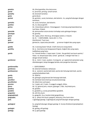genetics kb. (ilmu) genetika, ilmu keturunan.
genial ks. peramah, periang, ramah-tamah.
geniality kb. keramah-tamahan.
genie genie.kb.jin.
genital kb. genitals j. aurat, kemaluan, alat kelamin. -ks. yang berhubungan dengan
kemaluan.
genitalia kb. aurat, kemaluan, alat kelamin.
genitive kb., ks. (kasus) genitif.
genius kb. 1 kecerdasan pikiran. 2 kesanggupan. 3 seorang yang kepandaiannya
luar biasa. 4 bakat.
genocide kb. pemusnahan secara teratur terhadap suatu golongan bangsa.
genotype kb. genotip.
genre kb. 1 gaya, aliran. literary g. aliran/gaya sastera. 2 macam.
gent kb. Sl.: '= GENTLEMAN. -Gents (W. C.) Pria.
gent. [Gentlemen] Tuan-tuan.
genteel genteel.ks. sopan,halus,beradab g.manner tingkah laku yang sopan.
gentile kb. 1 seorang bukan Yahudi. 2 kafir (menurut orang Islam).
gentility kb. (j. -ties) keturunan bangsawan/ningrat, tingkah-laku yang sopan,
budibahasa yang halus.
gentle ks. 1 lemah-lembut. 2 sepoi-sepoi. 3 jinak. the gentle(r) sex kaum wanita /
Hawa. -ks. berperasaan baik, ramah. -gently kk. 1 dengan hati-hati. 2
dengan lemah-lembut.
gentleman kb. (j. -men). 1 tuan, saudara. 2 orang pria. g.'s agreement perjanjian yang
ditandatangani, tetapi dianggap berlaku atas pengertian bersama.
gentlemanlike = GENTLEMANLY.
gentleness kb. kelemah-lembutan, kehalusan.
gentlewoman kb. (j. -women). wanita baik-baik, wanita dari keluarga baik-baik, wanita
yang berkedudukan baik.
gently lih GENTLE.
gentry kb. golongan yang berasal dari keluarga baik-baik.
genuflect kki. bertekuk lutut (memuja sesuatu/seseorang).
genuflection kb. tekuk lutut, pemujaan.
genuine ks. 1 sejati, asli. 2 tulen. 3 sungguh-sungguh, ikhlas.
genus kb. 1 (j. genera) jenis, macam, golongan. 2 Bot.: ibu/induk jenis.
geodesy kb. geodesi.
geodetic ks. geodetik. g. survey penyelidikan geodetik.
geograher kb. ahli ilmu bumi.
geographic(al) ks. geografis. its g. location letak geografisnya.
geography kb. (j. -phies) ilmu bumi, geografi. physical g. ilmu bumi alam.
geol. 1 [geology] geologi. 2 [geological] yang berhubungan dengan geologi.
geological ks. yang berhubungan dengan geologi. G. Survey Direktorat (penjelajahan)
Geologi.
geologist kb. geolog, ahli geologi.
geology kb. (j.-gies) geologi.
 