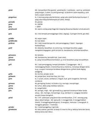 greet kkt. menyambut (the guests). -greeting kb. 1 sambutan. warm g. sambutan
yang hangat. 2 salam. to send greetings to berkirim salam kepada g. card
kartu ucapan selamat.
gregarious ks. 1 seorang yang suka berteman, yang suka sekali berkumpul-kumpul. 2
yang suka hidup berkelompok (of cattle, sheep).
grenade kb. granat.
grew lih GROW.
grey = GRAY.
greyhound kb. sejenis anjing yang tinggi dan langsing (biasanya dipakai untuk pacuan).
grid kb. 1 kisi tempat pemanggangan (ikan, daging). 2 jaringan (listrik, gas dsb).
griddle kb. wajan ceper.
griddlecake kb. kue dadar.
gridiron kb. 1 alat masak berupa kisi, alat pemanggang. 2 Sport : lapangan
football/hijau.
grief kb. dukacita, kesedihan. to come to g. mendapat kesulitan, gagal,
mengalami kegagalan. grief-stricken ks. berdukacita, tertimpa kesedihan.
grievance kb. keluhan.
grieve kkt. berdukacita, bersedih hati (over atas).
grievous ks. yang menyedihkan/memilukan. g. error kesalahan yang menyedihkan.
grill kb. 1 alat pemanggang, tempat pembakar. 2 panggangan. -kkt. 1
memanggang (food). 2 memeriksa terus-menerus, menanyai dengan keras.
to g. a suspect menanyai terdakwa dengan keras. grilled steak daging
panggang.
grille kb. kisi-kisi, jerejak, terali.
grillwork kb. jerejak besi, terali dari besi, kisi- kisi.
grim ks. 1 suram, seram, cemberut. 2 teguh, kuat. grim-visaged ks. bermuka
cemberut.
grimace kb. geringsing (muka). to (make a ) g. meringis, menyeringai.
grime kb. lumur, debu yang melekat, kotoran.
grimy ks. sangat kotor.
grin kb. seringai, ringis. -kkt. (grinned) to g. approval tersenyum lebar tanda
setuju. -kki. meringis, menyeringai. to g. and bear s.t. sanggup menahan
sesuatu tanpa mengeluh.
grind kb. 1 Inf.: pekerjaan yang berat dan membosankan. 2 Inf.: seorang yang
tekun dalam belajar. -kkt. (ground). 1 menggerinda. 2 menggertakkan
(teeth). 3 menggiling(wheat,grain). 4 mengisar, memutar. 5 mengasah. 6
menggilas-gilaskan. 7 melindas.
grinder kb. 1 (alat) penggiling. 2 gerinda.
grindstone kb. batu asahan, gerinda. to keep o's nose to the g. bekerja lama dan berat,
bekerja keras dan tekun.
 