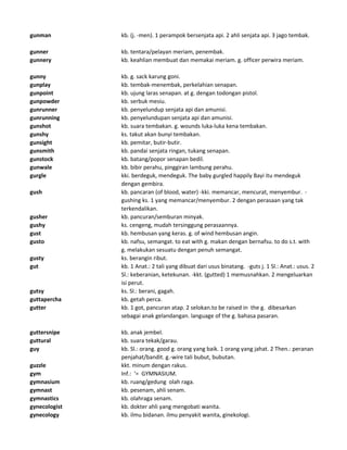 gunman kb. (j. -men). 1 perampok bersenjata api. 2 ahli senjata api. 3 jago tembak.
gunner kb. tentara/pelayan meriam, penembak.
gunnery kb. keahlian membuat dan memakai meriam. g. officer perwira meriam.
gunny kb. g. sack karung goni.
gunplay kb. tembak-menembak, perkelahian senapan.
gunpoint kb. ujung laras senapan. at g. dengan todongan pistol.
gunpowder kb. serbuk mesiu.
gunrunner kb. penyelundup senjata api dan amunisi.
gunrunning kb. penyelundupan senjata api dan amunisi.
gunshot kb. suara tembakan. g. wounds luka-luka kena tembakan.
gunshy ks. takut akan bunyi tembakan.
gunsight kb. pemitar, butir-butir.
gunsmith kb. pandai senjata ringan, tukang senapan.
gunstock kb. batang/popor senapan bedil.
gunwale kb. bibir perahu, pinggiran lambung perahu.
gurgle kki. berdeguk, mendeguk. The baby gurgled happily Bayi itu mendeguk
dengan gembira.
gush kb. pancaran (of blood, water) -kki. memancar, mencurat, menyembur. -
gushing ks. 1 yang memancar/menyembur. 2 dengan perasaan yang tak
terkendalikan.
gusher kb. pancuran/semburan minyak.
gushy ks. cengeng, mudah tersinggung perasaannya.
gust kb. hembusan yang keras. g. of wind hembusan angin.
gusto kb. nafsu, semangat. to eat with g. makan dengan bernafsu. to do s.t. with
g. melakukan sesuatu dengan penuh semangat.
gusty ks. berangin ribut.
gut kb. 1 Anat.: 2 tali yang dibuat dari usus binatang. -guts j. 1 Sl.: Anat.: usus. 2
Sl.: keberanian, ketekunan. -kkt. (gutted) 1 memusnahkan. 2 mengeluarkan
isi perut.
gutsy ks. Sl.: berani, gagah.
guttapercha kb. getah perca.
gutter kb. 1 got, pancuran atap. 2 selokan.to be raised in the g. dibesarkan
sebagai anak gelandangan. language of the g. bahasa pasaran.
guttersnipe kb. anak jembel.
guttural kb. suara tekak/garau.
guy kb. Sl.: orang. good g. orang yang baik. 1 orang yang jahat. 2 Then.: peranan
penjahat/bandit. g.-wire tali bubut, bubutan.
guzzle kkt. minum dengan rakus.
gym Inf.: '= GYMNASIUM.
gymnasium kb. ruang/gedung olah raga.
gymnast kb. pesenam, ahli senam.
gymnastics kb. olahraga senam.
gynecologist kb. dokter ahli yang mengobati wanita.
gynecology kb. ilmu bidanan. ilmu penyakit wanita, ginekologi.
 