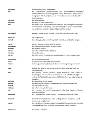 hagridden ks. kemasukan setan, suka ngawur.
hail kb. 1 hujan batu es. 2 hujan (of bullets). -kkt. 1 berteriak kepada. 2 mengelu-
elukan (the winner). 3 memanggil(kan) (a cab). 4 menerima, menyambut. 5
menghujani. -kki. hujan (batu) es. to h. from berasal dari. Sl.: H. Columbia
teguran, celaan.
hailstone kb. batu hujan es.
hailstorm kb. hujan es disertai angin ribut.
hair kb. rambut, bulu. to do o's hair merias rambut. hair -raising ks. mengerikan,
menakutkan. h. shirt kemeja kasar terbikin dari bulu kuda. h. restorer obat
menumbuhkan rambut. h. stylist ahli penata/rias rambut.
hairbreadth kb nyaris, sangat sempit. to have a h. escape from death nyaris mati.
hairbrush kb. sikat rambut.
haircut kb. potong/pangkas rambut. to get a h. memotong rambut, berpangkas.
hairdo kb. cara susunan rambut, tata/rias rambut.
hairdresser kb. ahli rias rambut wanita, penata rambut.
hairiness kb. keadaan berbulu.
hairline kb. batas tumbuh rambut di kepala.
hairpiece kb. rambut palsu.
hairpin kb. jepit rambut. 2 tusuk konde, pasak sanggul. h. curve tikungan tajam.
hairsplitting kb. amat/terlampau teliti.
hairy ks. berbulu. hair-chested ks. berbulu dada.
halcyon ks. tenang dan damai, bahagia. h. day hari-hari yang tenang dan damai.
hale ks. kuat dan sehat. h. and hearty sehat dan segar, sehat wal'afiat. -kkt.
memaksa pergi.
half kb. (j.halves). 1 paruhan, separuh. 2 tengah. 3 separuh. 4 Sport : babak. -ks.,
kk setengah. half-and-half ks. campuran. Inf.: half-baked ks. setengah
matang. half-blooded ks. peranakan. half-hearted ks. ragu-ragu, tanggung-
tanggung.
halfback ksb. gelandang tengah (soccer).
halfway kk. separuh jalan. We are h. there Kita sudah separuh jalan kesana.
halibut kb. semacam ikan perak.
halitosis kb. nafas berbau, mulut busuk.
hall kb. 1 ruang(an) the front h. ruang depan. 2 aula/ruang. 3 gang. h. of justice
gedung pengadilan.
hallelujah ks. 1 pujian kepada Tuhan (Kristen). 2 nyanyian pujaan untuk Tuhan.
hallmark kb. tanda (resmi). Politeness is the h. of a gentleman Kesopanan adalah
tanda orang yang berbudi.
hallow kkt. menyucikan, mempersucikan. Hallowed be Thy name Sucikan namaMu.
-hallowed ks. keramat. h. ground tanah keramat, tanah yang suci.
hallowe'en kb. malam 31 Oktober.
 