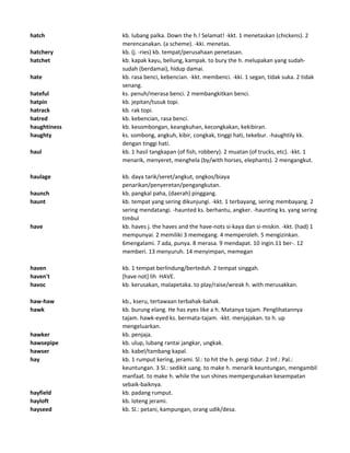 hatch kb. lubang palka. Down the h.! Selamat! -kkt. 1 menetaskan (chickens). 2
merencanakan. (a scheme). -kki. menetas.
hatchery kb. (j. -ries) kb. tempat/perusahaan penetasan.
hatchet kb. kapak kayu, beliung, kampak. to bury the h. melupakan yang sudah-
sudah (berdamai), hidup damai.
hate kb. rasa benci, kebencian. -kkt. membenci. -kki. 1 segan, tidak suka. 2 tidak
senang.
hateful ks. penuh/merasa benci. 2 membangkitkan benci.
hatpin kb. jepitan/tusuk topi.
hatrack kb. rak topi.
hatred kb. kebencian, rasa benci.
haughtiness kb. kesombongan, keangkuhan, kecongkakan, kekibiran.
haughty ks. sombong, angkuh, kibir, congkak, tinggi hati, tekebur. -haughtily kk.
dengan tinggi hati.
haul kb. 1 hasil tangkapan (of fish, robbery). 2 muatan (of trucks, etc). -kkt. 1
menarik, menyeret, menghela (by/with horses, elephants). 2 mengangkut.
haulage kb. daya tarik/seret/angkut, ongkos/biaya
penarikan/penyeretan/pengangkutan.
haunch kb. pangkal paha, (daerah) pinggang.
haunt kb. tempat yang sering dikunjungi. -kkt. 1 terbayang, sering membayang. 2
sering mendatangi. -haunted ks. berhantu, angker. -haunting ks. yang sering
timbul
have kb. haves j. the haves and the have-nots si-kaya dan si-miskin. -kkt. (had) 1
mempunyai. 2 memiliki 3 memegang. 4 memperoleh. 5 mengizinkan.
6mengalami. 7 ada, punya. 8 merasa. 9 mendapat. 10 ingin.11 ber-. 12
memberi. 13 menyuruh. 14 menyimpan, memegan
haven kb. 1 tempat berlindung/berteduh. 2 tempat singgah.
haven't [have not] lih HAVE.
havoc kb. kerusakan, malapetaka. to play/raise/wreak h. with merusakkan.
haw-haw kb., kseru, tertawaan terbahak-bahak.
hawk kb. burung elang. He has eyes like a h. Matanya tajam. Penglihatannya
tajam. hawk-eyed ks. bermata-tajam. -kkt. menjajakan. to h. up
mengeluarkan.
hawker kb. penjaja.
hawsepipe kb. ulup, lubang rantai jangkar, ungkak.
hawser kb. kabel/tambang kapal.
hay kb. 1 rumput kering, jerami. Sl.: to hit the h. pergi tidur. 2 Inf.: Pal.:
keuntungan. 3 Sl.: sedikit uang. to make h. menarik keuntungan, mengambil
manfaat. to make h. while the sun shines mempergunakan kesempatan
sebaik-baiknya.
hayfield kb. padang rumput.
hayloft kb. loteng jerami.
hayseed kb. Sl.: petani, kampungan, orang udik/desa.
 