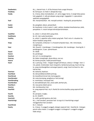 headwaters kb., j. daerah hulu. h. of the Amazon huku sungai Amazon.
headway kb. kemajuan. to make h. (bergerak) maju.
heady ks. 1 keras, lekas memabukkan. a h. wine anggur keras. 2 sengit lekas panas
hati, gegabah. h. talk percakapan yang sengit. 3 gegabah. h. speculation
spekulasi yang gegabah.
heal kkt. menyembuhkan. -kki. menjadi sembuh. -healing kb. penyembuhan.
healer kb. pengobat, dukun, penyembuh.
health kb. kesehatan. to be in poor h. sakit -sakitan, keadaan kesehatannya. jelek,
penyakitan. h. resort tempat tetirah/peristirahatan.
healthful ks. sehat. h. climate iklim yang sehat.
healthwise kk. Inf.: dari sudut kesehatan.
healthy ks. sehat. h. appetite nafsu makan yang baik. That's not a h. situation Itu
bukan keadaan yang sehat.
heap kb. tumpukan, timbunan. h. of wood tumpukan kayu. -kkt. menumpuk,
menghimpun.
hear kkt. (heard) 1 mendengar. 2 mendengarkan.-kki. mendengar. -hearing kb. 1
pendengaran. 2 Law : pemeriksaan.
heard lih HEAR.
hearer kb. pendengar.
hearken kki. to h. to mendengarkan.
hearsay kb. kabar orang/angin, desas-desus, sas-sus.
hearse kb. kereta jenazah, mobil jenazah/mayat.
heart kb. 1 jantung. 2 hati. 3 bagian tengah (of lettuce, celery). 4. Bridge : hart. 5
inti, pokok. 6 kehendak. heart-shaped ks. berbentuk jantung. heart-stirring
ks. yang membangkitkan semangat (speech, song). heart-to-heart ks. dari
hati ke hati.
heartace kb. dukacita, kepiluan.
heartbeat kb. denyut/debaran/detik jantung.
heartbreak kb. kesedihan/remuk hati, kemasygulan.
heartbreaker kb. mata keranjang, penghancur hati (orang).
heartbreaking ks. mamilukan, menyayat hati.
heartbroken ks. bersedih/berpilu hati, amat sedih, berhati pilu.
heartburn kb. rasa panas dalam perut.
hearten kkt. membesarkan hati.
heartfelt ks. yang sepenuh hati. my h. thanks for terima kasihku yang sepenuh hati
atar.
hearth kb. perapian, tungku.
heartily kk. lih HEARTY.
heartsick ks. sedih, gundah-gulana, pilu hati.
heartstrings kb., j. hati sanubari, perasaan hati. to tug at o's heartstrings sangat
menggetarkan hati sanubari.
heartthrob kb. S.: kekasih.
hearty ks. 1 besar. 2 sungguh-sungguh, dengan sepenuh hati. -heartily kk. 1 dengan
penuh nafsu makan. 2 sungguh-sungguh. to disagree h. sungguh-sungguh
tidak setuju.
 