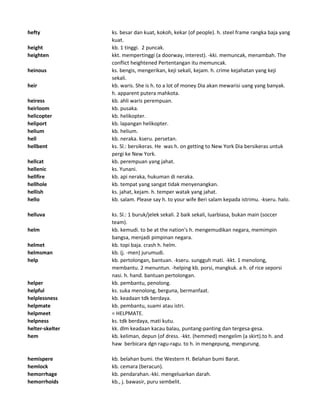 hefty ks. besar dan kuat, kokoh, kekar (of people). h. steel frame rangka baja yang
kuat.
height kb. 1 tinggi. 2 puncak.
heighten kkt. mempertinggi (a doorway, interest). -kki. memuncak, menambah. The
conflict heightened Pertentangan itu memuncak.
heinous ks. bengis, mengerikan, keji sekali, kejam. h. crime kejahatan yang keji
sekali.
heir kb. waris. She is h. to a lot of money Dia akan mewarisi uang yang banyak.
h. apparent putera mahkota.
heiress kb. ahli waris perempuan.
heirloom kb. pusaka.
helicopter kb. helikopter.
heliport kb. lapangan helikopter.
helium kb. helium.
hell kb. neraka. kseru. persetan.
hellbent ks. Sl.: bersikeras. He was h. on getting to New York Dia bersikeras untuk
pergi ke New York.
hellcat kb. perempuan yang jahat.
hellenic ks. Yunani.
hellfire kb. api neraka, hukuman di neraka.
hellhole kb. tempat yang sangat tidak menyenangkan.
hellish ks. jahat, kejam. h. temper watak yang jahat.
hello kb. salam. Please say h. to your wife Beri salam kepada istrimu. -kseru. halo.
helluva ks. Sl.: 1 buruk/jelek sekali. 2 baik sekali, luarbiasa, bukan main (soccer
team).
helm kb. kemudi. to be at the nation's h. mengemudikan negara, memimpin
bangsa, menjadi pimpinan negara.
helmet kb. topi baja. crash h. helm.
helmsman kb. (j. -men) jurumudi.
help kb. pertolongan, bantuan. -kseru. sungguh mati. -kkt. 1 menolong,
membantu. 2 menuntun. -helping kb. porsi, mangkuk. a h. of rice seporsi
nasi. h. hand. bantuan pertolongan.
helper kb. pembantu, penolong.
helpful ks. suka menolong, berguna, bermanfaat.
helplessness kb. keadaan tdk berdaya.
helpmate kb. pembantu, suami atau istri.
helpmeet = HELPMATE.
helpness ks. tdk berdaya, mati kutu.
helter-skelter kk. dlm keadaan kacau balau, puntang-panting dan tergesa-gesa.
hem kb. keliman, depun (of dress. -kkt. (hemmed) mengelim (a skirt).to h. and
haw berbicara dgn ragu-ragu. to h. in mengepung, mengurung.
hemispere kb. belahan bumi. the Western H. Belahan bumi Barat.
hemlock kb. cemara (beracun).
hemorrhage kb. pendarahan.-kki. mengeluarkan darah.
hemorrhoids kb., j. bawasir, puru sembelit.
 