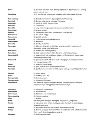 home kb. 1 rumah. 2 tempat diam. 3 kampung halaman. 4 panti asuhan. -homing
pigeon merpati pos.
homebody kb. (j. -dies) orang yang senang atau yang lebih suka tinggal di rumah.
homecoming kb. 1 Acad.: reuni alumni. 2 pulang ke rumah/kampung.
homefolk kb. 1 orang sekampung, tetangga. 2 keluarga.
homeland kb. tanah air, tanah tumpah darah.
homeless ks. tunawisma.
homelike ks. yang menyenangkan, seperti suasana rumah (sendiri).
homeliness kb. kesederhanaan.
homely ks. 1 sederhana, bersahaja. 2 tidak cantik (of a person).
homemaker kb. ibu rumah tangga.
homeowner kb. pemilik rumah.
homesick ks. rindu, hendak pulang ke kampung.
homesickness kb. kerinduan.
homesite kb. tanah perumahan.
homespun ks. 1ditenun di rumah. h. cloth kain tenunan sendiri. 2 sederhana. h.
philosophy filsafat yang sederhana.
homestead kb. rumah (dan pekarangannya).
hometown kb. kota kediaman. We're from the same h. Kami sekampung.
homeward(s) ks. pulang. the h. trip perjalanan pulang. -kk. The ship is h. bound Kapal
dalam perjalanan pulang.
homework kb. pekerjaan rumah, PR. to do o's h. 1 mengerjakan pekerjaan rumah. 2
Inf.: mempersiapkan diri.
homey ks. seperti di rumah, enak.
homicidal kb. yang berhubungan dengan pembunuhan.
homicide kb. pembunuhan. member of the h. squad seorang penyelidik pembunuhan.
hominy kb. bubur jagung.
homo Sl.: HOMOSEXUAL. kb.
homogeneity kb. keserbasamaan.
homogeneous ks. serbasama, homogen.
homogenize kkt. membuat sejenis. homogenized milk susu yang dibuat/dicampur
sedemikian rupa sehingga tidak ada kepala susunya.
homonym kb. homonim, kata sebunyi.
homophone kb. huruf sebunyi.
homosexual kb. homoseks. -ks. homoseksuil.
homosexuality kb. homoseksualitas.
homy = HOMEY.
hone kkt. mengasah, mengikir. -honing kb. pengasahan, pengikiran.
honest ks. jujur, lurus hati. h. face muka yang jujur. -honestly kk. secara jujur,
dengan terus terang.
honesty kb. kejujuran, kelurusan hati. in all h. dengan terus terang.
honey kb. 1 madu. 2 sayang (form of address of husband to wife, wife to husband).
I love you, h. Saya cinta padamu, sayang.
honeybee kb. lebah yang bermadu.
 