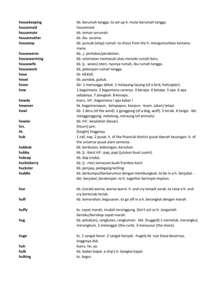 housekeeping kb. berumah tangga. to set up h. mulai berumah tangga.
housemaid housemaid
housemate kb. teman serumah.
housemother kb. ibu asrama.
housetop kb. puncak (atap) rumah. to shout from the h. mengumumkan kemana-
mana.
housewares kb., j. perkakas/perabotan.
housewarming kb. selamatan memasuki atau menaiki rumah baru.
housewife kb. (j. -wives) isteri, nyonya rumah, ibu rumah tangga.
housework kb. pekerjaan rumah tangga.
hove lih HEAVE.
hovel kb. pondok, gubuk.
hover kki. 1 menunggu dekat. 2 melayang-layang (of a bird, helicopter).
how 1 bagaimana. 2 bagaimana caranya. 3 berapa. 4 betapa. 5 apa. 6 apa
sebabnya. 7 alangkah. 8 kenapa.
howdy kseru. Inf.: bagaimana ! apa kabar !
however kk. bagaimanapun, betapapun, biarpun. -ksam. (akan) tetapi.
howl kb. 1 deru (of the wind). 2 gonggong (of a dog, wolf). 3 teriak. 4 tangis. -kki.
menggonggong, melolong, meraung (of animals).
howler kb. Inf.: kesalahan (besar).
hrs. [hours] jam.
ht. [height] tingginya.
hub 1 naf, nap. 2 pusat. h. of the financial district pusat daerah keuangan. h. of
the universe pusat alam semesta.
hubbub kb. keributan, kebisingan, keriuhan.
hubby kb. (j. -bies) Inf.: pap, papi (julukan buat suami).
hubcap kb. dop (roda).
huckleberry kb. (j. -ries) semacam buah frambos kecil.
huckster kb. penjaja, pedagang keliling.
huddle kb. berkumpul/berkerumun dengan membungkuk. to be in a h. berjubal. -
kkt. berjubal, berdempet. to h. together berimpit-impitan.
hue kb. (corak) warna, warna-warni. h. and cry tampik sorak. to raise a h. and
cry berteriak-teriak.
huff kb. kemarahan, kegusaran. to go off in a h. berangkat dengan marah.
huffy ks. cepat marah, mudah tersinggung. Don't act so h. Janganlah
berlaku/bersikap cepat marah.
hug kb. peluk(an), rangkulan, rangkuman. -kkt. (hugged) 1 memeluk, merangkul,
merangkum. 2 melanggar (the curb). 3 menyusur (the shore).
huge ks. 1 sangat besar. 2 sangat banyak. -hugely kk. luar biasa besarnya,
tingginya dsb.
huh kseru. he, ya.
hulk kb. badan kapal. a ship's h. bangkai kapal.
hulking ks. bagur.
 