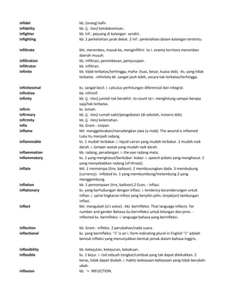 infidel kb. (orang) kafir.
infidelity kb. (j. -ties) ketidaksetiaan.
infighter kb. Inf.: pejuang di kalangan sendiri.
infighting kb. 1 perkelahian jarak dekat. 2 Inf.: perkelahian dalam kalangan tertentu.
infiltrate kkt. merembes, masuk ke, menginfiltrir. to i. enemy territory merembes
daerah musuh.
infiltration kb. infiltrasi, perembesan, penyusupan.
infiltrator kb. infiltran.
infinite kb. tidak terbatas/terhingga, maha- (luas, besar, kuasa dsb). -ks. yang tidak
terbatas. -infinitely kk. sangat jauh lebih, secara tak terbatas/terhingga.
infinitesimal ks. sangat kecil. i. calculus perhitungan diferensial dan integral.
infinitive kb. infinitif.
infinity kb. (j. -ties) jumlah tak berakhir. to count to i. menghitung sampai berapa
saja/tak terbatas.
infirm ks. lemah.
infirmary kb. (j. -ties) rumah sakit/pengobatan (di sekolah, instansi dsb).
infirmity kb. (j. -ties) kelemahan.
infix kb. Gram.: sisipan.
inflame kkt. menggelorakan/meradangkan jiwa (a mob). The wound is inflamed
Luka itu menjadi radang.
inflammable ks. 1 mudah terbakar. i. liquid cairan yang mudah terbakar. 2 mudah naik
darah. i. temper watak yang mudah naik darah.
inflammation kb. radang, peradangan. i. the eye radang mata.
inflammatory ks. 1 yang menghasut/berkobar- kobar. i. speech pidato yang menghasut. 2
yang menyebabkan radang (of throat).
inflate kkt. 1 memompa (tire, balloon). 2 membusungkan dada. 3 membubung
(currency). -inflated ks. 1 yang membumbung/melambung 2 yang
menggembung.
inflation kb. 1 pemompaan (tire, balloon).2 Econ, : inflasi.
inflationary ks. yang berhubungan dengan inflasi. i. tendency kecenderungan untuk
inflasi. i. spiral lingkaran inflasi yang berpilin-pilin, lonjak(an) lambungan
inflasi.
inflect kkt. mengubah (o's voice). -kki. berinfleksi. That language inflects for
number and gender Bahasa itu berinfleksi untuk bilangan dan jenis. -
inflected ks. berinfleksi. i. language bahasa yang berinfleksi.
inflection kb. Gram.: infleksi. 2 perubahan/nada suara.
inflectional ks. yang berinfleksi. "s" is an i. form indicating plural in English "s" adalah
bentuk infleksi yang menunjukkan bentuk jamak dalam bahasa Inggris.
inflexibility kb. kekejutan, kekejuran, kekakuan.
inflexible ks. 1 kejur. i. rod sebuah tongkat/cambuk yang tak dapat dilekukkan. 2
keras, tidak dapat diubah. i. habits kebiasaan-kebiasaan yang tidak berubah-
ubah.
inflexion kb. '= INFLECTION.
 