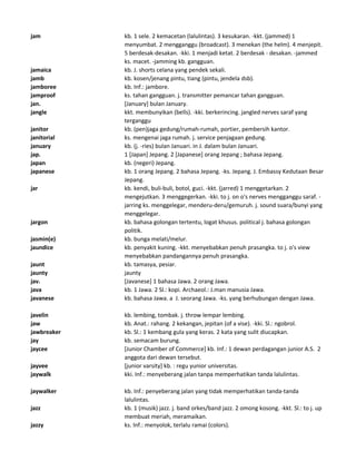 jam kb. 1 sele. 2 kemacetan (lalulintas). 3 kesukaran. -kkt. (jammed) 1
menyumbat. 2 mengganggu (broadcast). 3 menekan (the helm). 4 menjepit.
5 berdesak-desakan. -kki. 1 menjadi ketat. 2 berdesak - desakan. -jammed
ks. macet. -jamming kb. gangguan.
jamaica kb. J. shorts celana yang pendek sekali.
jamb kb. kosen/jenang pintu, tiang (pintu, jendela dsb).
jamboree kb. Inf.: jambore.
jamproof ks. tahan gangguan. j. transmitter pemancar tahan gangguan.
jan. [January] bulan January.
jangle kkt. membunyikan (bells). -kki. berkerincing. jangled nerves saraf yang
terganggu
janitor kb. (pen)jaga gedung/rumah-rumah, portier, pembersih kantor.
janitorial ks. mengenai jaga rumah. j. service penjagaan gedung.
january kb. (j. -ries) bulan Januari. in J. dalam bulan Januari.
jap. 1 [Japan] Jepang. 2 [Japanese] orang Jepang ; bahasa Jepang.
japan kb. (negeri) Jepang.
japanese kb. 1 orang Jepang. 2 bahasa Jepang. -ks. Jepang. J. Embassy Kedutaan Besar
Jepang.
jar kb. kendi, buli-buli, botol, guci. -kkt. (jarred) 1 menggetarkan. 2
mengejutkan. 3 menggegerkan. -kki. to j. on o's nerves mengganggu saraf. -
jarring ks. menggelegar, menderu-deru/gemuruh. j. sound suara/bunyi yang
menggelegar.
jargon kb. bahasa golongan tertentu, logat khusus. political j. bahasa golongan
politik.
jasmin(e) kb. bunga melati/melur.
jaundice kb. penyakit kuning. -kkt. menyebabkan penuh prasangka. to j. o's view
menyebabkan pandangannya penuh prasangka.
jaunt kb. tamasya, pesiar.
jaunty jaunty
jav. [Javanese] 1 bahasa Jawa. 2 orang Jawa.
java kb. 1 Jawa. 2 Sl.: kopi. Archaeol.: J.man manusia Jawa.
javanese kb. bahasa Jawa. a J. seorang Jawa. -ks. yang berhubungan dengan Jawa.
javelin kb. lembing, tombak. j. throw lempar lembing.
jaw kb. Anat.: rahang. 2 kekangan, jepitan (of a vise). -kki. Sl.: ngobrol.
jawbreaker kb. Sl.: 1 kembang gula yang keras. 2 kata yang sulit diucapkan.
jay kb. semacam burung.
jaycee [Junior Chamber of Commerce] kb. Inf.: 1 dewan perdagangan junior A.S. 2
anggota dari dewan tersebut.
jayvee [junior varsity] kb. : regu yunior universitas.
jaywalk kki. Inf.: menyeberang jalan tanpa memperhatikan tanda lalulintas.
jaywalker kb. Inf.: penyeberang jalan yang tidak memperhatikan tanda-tanda
lalulintas.
jazz kb. 1 (musik) jazz. j. band orkes/band jazz. 2 omong kosong. -kkt. Sl.: to j. up
membuat meriah, meramaikan.
jazzy ks. Inf.: menyolok, terlalu ramai (colors).
 