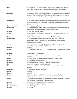 above kb. yang diatas. --ks. tersebut diatas --kk. (di) atas. --kd. 1 diatas. 2 bebas
dari. 3 lebih tinggi dari. 4 sukar, sulit above-average ks. lebih dari biasa.
aboveboard ks. tulus hati, ikhlas, jujur. His actions are a. Perbuatan-perbuatannya adalah
tulus hati. The management of that business so far has proved a. Pimpinan
perusahaan itu sampai sekarang ternyata jujur.
aboveground ks., kk. diatas (permukaan) tanah. a. grave mound tumpukan kuburan diatas
tanah. Some snakes live a. Beberapa macam ular hidup diatas permukaan
tanah.
abovementioned ks yang tersebut diatas.
abracadabra kb. 1 omong kosong, bukan-bukan. 2 ucapan pendek yang dipakai sebelum
menyihir s.s.t. atau mengerjakan sunglap; sim-sala-bim.
abrasion kb. luka lecet, kegores ringan.
abrasive kb. 1 penggosok, alat pengempelas, ampelas. 2 penggosok, obat asah. ks.
kasar, kesat.
abreast kk., ks.berbaris dua-dua. to be a. of/with mengikuti
abridg(e)ment kb .1 pemendekan, penyingkatan, (ke) singkatan. a. of a dictionary
pemendekan kamus. 2 pembatasan, pelanggaran. a. of human rights
pembatasan hak manusia.
abridge kkt. 1 memendekkan, memperpendek, menyingkat, mempersingkat. 2
membatasi, mengurangi. 3 mengikhtisarkan.
abridged abridged
abroad kk. 1 luar negeri.2 dgn luas. 3 tersiar,tersebar.4 meninggalkan rumah.
abrogate kkt. mencabut, membatalkan.
abrogation kb. pencabutan, pembatalan, penghapusan. a. of a treaty pencabutan
perjanjian.
abrupt ks.1 kasar. 2 tiba-tiba,tak tersangka, mendadak.3 curam, terjal.
abruptly kk. 1 dgn kasar. 2 dgn tiba-tiba.
abruptness kb. kekasaran, kekurangajaran 2 kecuraman, keterjalan.
abs 1 tak hadir, mangkir. 2 mutlak. 3 abstrak.
abscess kb. abses. barah. bisul bernanah, bengkak bernanah.kki.menjadi abses,
membisul.
abscessed ks. kena abses, bengkak bernanah.
abscissa kb. absis.
abscond abscond
absence kb. 1 kemangkiran.2 ketidak hadiran.3 ketiadaan, ketidakadaan,
kekurangan.
absent ks.absen, mangkir,tak hadir.kkt. meninggalkan.absent-minded ks. 1 lupa-
lupa, linglung, mengelamun. 2 pelupa,pelalai.
absentee kb. s.s.o. yg tak ada atau tak hadir di tempatnya.
absenteeism kb. ketidakhadiran, kemangkiran.
absentmindedness kb. kelinglungan
absinthe kb. absinth
 