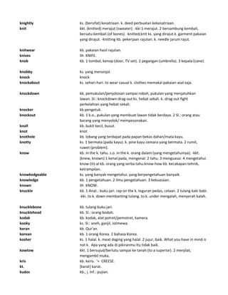 knightly ks. (bersifat) kesatriaan. k. deed perbuatan kekesatriaan.
knit kkt. (knitted) merajut (sweater). -kki 1 merajut. 2 bersambung kembali,
bersatu kembali (of bones). -knitted,knit ks. yang dirajut.k. garment pakaian
yang dirajut. -knitting kb. pekerjaan rajutan. k. needle jarum rajut.
knitwear kb. pakaian hasil rajutan.
knives lih KNIFE.
knob kb. 1 tombol, kenop (door, TV set). 2 pegangan (umbrella). 3 kepala (cane).
knobby ks. yang menonjol.
knock knock
knockabout ks. sehari-hari. to wear casual k. clothes memakai pakaian asal saja.
knockdown kb. pemukulan/penjotosan sampai roboh, pukulan yang menjatuhkan
lawan. Sl.: knockdown-drag-out ks. hebat sekali. k.-drag-out fight
perkelahian yang hebat sekali.
knocker kb.pengetuk.
knockout kb. 1 k.o., pukulan yang membuat lawan tidak berdaya. 2 Sl.: orang atau
barang yang menyolok/ mempesonakan.
knoll kb. bukit kecil, busut.
knot knot
knothole kb. lobang yang terdapat pada papan bekas dahan/mata kayu.
knotty ks. 1 bermata (pada kayu). k. pine kayu cemara yang bermata. 2 rumit,
ruwet (problem).
know kb. in the k. tahu. s.o. in the k. orang dalam (yang mengetahuinya). -kkt.
(knew, known) 1 kenal pada, mengenal. 2 tahu. 3 menguasai. 4 mengetahui.
know-(it)-al kb. orang yang serba tahu.know-how kb. kecakapan tehnik,
ketrampilan.
knowkedgeable ks. yang banyak mengetahui. yang berpengetahuan banyaik.
knowledge kb. 1 pengetahuan. 2 ilmu pengetahuan. 3 kekuasaan.
known lih KNOW.
knuckle kb. 1 Anat.: buku jari. rap on the k. teguran pedas, celaan. 2 tulang kaki babi.
-kki. to k. down membanting tulang. to k. under mengalah, menyerah kalah.
knucklebone kb. tulang buku jari.
knucklehead kb. Sl.: orang bodoh.
kodak kb. kodak, alat potret/pemotret, kamera.
kooky ks. Sl.: aneh, ganjil, istimewa.
koran kb. Qur'an.
korean kb. 1 orang Korea. 2 bahasa Korea.
kosher ks. 1 halal. k. meat daging yang halal. 2 jujur, baik. What you have in mind is
not k. Apa yang ada di pikiranmu itu tidak baik.
kowtow kkt. 1 bersujud/berlutu sampai ke tanah (to a superior). 2 menjilat,
mengambil muka.
kris kb. keris. '= CREESE.
kt. [karat] karat.
kudos kb., j. Inf.: pujian.
 