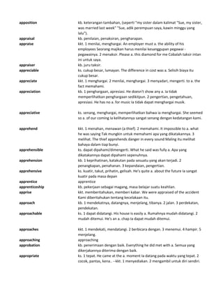 apposition kb. keterangan tambahan, (seperti "my sister dalam kalimat "Sue, my sister,
was married last week" "Sue, adik perempuan saya, kawin minggu yang
lalu").
appraisal kb. penilaian, penaksiran, pengharapan.
appraise kkt. 1 menilai, menghargai. An employer must a. the ability of his
employees Seorang majikan harus menilai kesanggupan pegawai -
pegawainya. 2 menaksir. Please a. this diamond for me Cobalah taksir intan
ini untuk saya.
appraiser kb. juru taksir.
appreciable ks. cukup besar, lumayan. The difference in cost was a. Selisih biaya itu
cukup besar.
appreciate kkt. 1 menghargai. 2 menilai, menghargai. 3 menyadari, mengerti. to a. the
fact memahami.
appreciation kb. 1 penghargaan, apresiasi. He doesn't show any a. Ia tidak
memperlihatkan penghargaan sedikitpun. 2 pengertian, pengetahuan,
apresiasi. He has no a. for music Ia tidak dapat menghargai musik.
appreciative ks. senang, menghargai, memperlihatkan bahwa ia menghargai. She seemed
so a. of our coming Ia kelihatannya sangat senang dengan kedatangan kami.
apprehend kkt. 1 menahan, menawan (a thief). 2 memahami. It impossible to a. what
he was saying Tak mungkin untuk memahami apa yang dikatakannya. 3
melihat. The thief apprehends danger in every sound Maling itu melihat
bahaya dalam tiap bunyi.
apprehensible ks. dapat dipahami/dimengerti. What he said was fully a. Apa yang
dikatakannya dapat dipahami sepenuhnya.
apprehension kb. 1 keprihatinan, katakutan pada sesuatu yang akan terjadi. 2
penangkapan, penahanan. 3 kepandaian, pengertian.
apprehensive ks. kuatir, takut, prihatin, gelisah. He's quite a. about the future Ia sangat
kuatir pada masa depan
apprentice apprentice
apprenticeship kb. pekerjaan sebagai magang, masa belajar suatu keahlian.
apprise kkt. memberitahukan, memberi kabar. We were appraised of the accident
Kami diberitahukan tentang kecelakaan itu.
approach kb. 1 mendekatnya, datangnya, menjelang, tibanya. 2 jalan. 3 perdekatan,
pendekatan.
approachable ks. 1 dapat didatangi. His house is easily a. Rumahnya mudah didatangi. 2
mudah ditemui. He's an a. chap Ia dapat mudah ditemui.
approaches kkt. 1 mendekati, mendatangi. 2 berbicara dengan. 3 menemui. 4 hampir. 5
menjelang.
approaching approaching
approbation kb. penerimaan dengan baik. Everything he did met with a. Semua yang
dikerjakannya diterima dengan baik.
appropriate ks. 1 tepat. He came at the a. moment Ia datang pada waktu yang tepat. 2
cocok, pantas, kena.. --kkt. 1 menyediakan. 2 mengambil untuk diri sendiri.
 