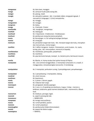 manganese kb. batu kawi, manggan.
mange kb. semacam kudis pada anjing dsb.
manger kb. palung, malaf.
mangle kb. alat pelicin pakaian. -kkt. 1 merobek-robek, mengoyak-ngoyak. 2
merusak (o's language). 3 (iron) menyeterika.
mango kb. mangga.
mangosteen kb. manggis.
mangrove kb. bakau.
mangy ks. 1 berkudis. 2 kotor.
manhandle kkt. menghajar, menganiaya.
manhole kb. lubang got.
manhood kb. 1 kejantanan. 2 keberanian. 3 kedewasaan.
manhunt kb. pemburuan orang (terutama penjahat).
mania kb. keranjingan. m. for sailing keranjingan berlayar.
maniac kb. orang gila.
manicure kb. perawatan tangan dan kuku. -kkt. merawat tangan dan kuku, merapikan
dan mencat kuku, merias tangan.
manifest kb. 1 daftar mengenai muatan. 2 konosemen, surat muatan. -ks. nyata,
terang, jelas. -kkt. menunjukkan, menaruh (in kepada).
manifestation kb. manifestasi, perwujudan, penjelmaan.
manifesto kb. manifesto.
manifold kb. pipa bermulut banyak, manipol. -ks. berjenis-jenis, bermacam-macam.
manila kb. Manila. m. hemp serabut dari pohon henep di Filipina.
manipulate kkt. 1 (to control) menggerakkan. 2 memainkan (characters in a novel). 3
menggunakan, menyelewengkan (accounts). 4 mendalangi.
manipulation kb. 1 manipulasi, perbuatan curang. 2 penyalahgunaan, penyelewengan.
manipulator kb. 1 penyeleweng. 2 manipulator, dalang.
mankind kb. umat manusia.
manliness kb. kejantanan.
manly ks. 1 jantan. 2 berani, gagah.
manna kb. makanan dari sorga.
mannequin kb. peragawati, boneka pajangan.
manner kb. 1 cara. m. of speaking cara berbicara. 2 gaya. 3 sikap. -manners j.
kelakuan, tatakrama. good manners kelakuan baik. -mannered ks. dibuat-
buat.
mannerism kb. kelakuan, perangai, lagak.
mannish ks. seperti seorang laki-laki.
manoeuvre = MANEUVER.
manpower kb. tenaga manusia/kerja.
manse kb. rumah pendeta, pastori.
mansion kb. rumah yang besar.
manslaughter kb. pembunuhan (tidak direncanakan).
mantel kb. papan/rak diatas tungku.
mantelpiece = MANTEL.
 
