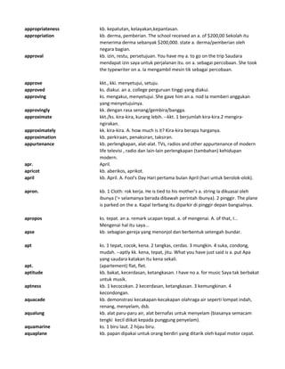 appropriateness kb. kepatutan, kelayakan,kepantasan.
appropriation kb. derma, pemberian. The school received an a. of $200,00 Sekolah itu
menerima derma sebanyak $200,000. state a. derma/pemberian oleh
negara bagian.
approval kb. izin, restu, persetujuan. You have my a. to go on the trip Saudara
mendapat izin saya untuk perjalanan itu. on a. sebagai percobaan. She took
the typewriter on a. Ia mengambil mesin tik sebagai percobaan.
approve kkt., kki. menyetujui, setuju.
approved ks. diakui. an a. college perguruan tinggi yang diakui.
approving ks. mengakui, menyetujui. She gave him an a. nod Ia memberi anggukan
yang menyetujuinya.
approvingly kk. dengan rasa senang/gembira/bangga.
approximate kkt./ks. kira-kira, kurang lebih. --kkt. 1 berjumlah kira-kira.2 mengira-
ngirakan.
approximately kk. kira-kira. A. how much is it? Kira-kira berapa harganya.
approximation kb. perkiraan, penaksiran, taksiran.
appurtenance kb. perlengkapan, alat-alat. TVs, radios and other appurtenance of modern
life televisi , radio dan lain-lain perlengkapan (tambahan) kehidupan
modern.
apr. April.
apricot kb. aberikos, aprikot.
april kb. April. A. Fool's Day Hari pertama bulan April (hari untuk berolok-olok).
apron. kb. 1 Cloth: rok kerja. He is tied to his mother's a. string Ia dikuasai oleh
ibunya ('= selamanya berada dibawah perintah ibunya). 2 pinggir. The plane
is parked on the a. Kapal terbang itu diparkir di pinggir depan bangsalnya.
apropos ks. tepat. an a. remark ucapan tepat. a. of mengenai. A. of that, I...
Mengenai hal itu saya...
apse kb. sebagian gereja yang menonjol dan berbentuk setengah bundar.
apt ks. 1 tepat, cocok, kena. 2 tangkas, cerdas. 3 mungkin. 4 suka, condong,
mudah. --aptly kk. kena, tepat, jitu. What you have just said is a. put Apa
yang saudara katakan itu kena sekali.
apt. (apartement) flat, flet.
aptitude kb. bakat, kecerdasan, ketangkasan. I have no a. for music Saya tak berbakat
untuk musik.
aptness kb. 1 kecocokan. 2 kecerdasan, ketangkasan. 3 kemungkinan. 4
kecondongan.
aquacade kb. demonstrasi kecakapan-kecakapan olahraga air seperti lompat indah,
renang, menyelam, dsb.
aqualung kb. alat paru-paru air, alat bernafas untuk menyelam (biasanya semacam
tengki kecil diikat kepada punggung penyelam).
aquamarine ks. 1 biru laut. 2 hijau biru.
aquaplane kb. papan dipakai untuk orang berdiri yang ditarik oleh kapal motor cepat.
 