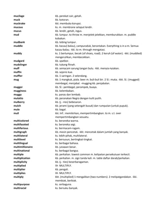 mucilage kb. perekat cair, getah.
muck kb. kotoran.
muckrake kki. membuka korupsi.
mucous ks. m. membrane selaput lendir.
mucus kb. lendir, getah, ingus.
mud kb. lumpur. to throw m. menjelek-jelekkan, memburukkan. m. puddle
kobakan.
mudbank kb. tebing lumpur.
muddle kb. kacau(-balau), campuraduk, berantakan. Everything is in a m. Semua
kacau-balau. -kki. to m. through mengatasi.
muddy ks. 1 berlumpur, becek (of shoes, road). 2 keruh (of water). -kkt. (muddied)
mengeruhkan, membecekkan.
mudgard kb. spatbor.
mudslinger kb. tukang fitnah.
muff kb. semacam sarung tangan bulu. -kkt. menyia-nyiakan.
muffin kb. sejenis kue.
muffler kb. 1 saringan. 2 selendang.
mug kb. 1 mangkuk, piala. beer m. buli-buli bir. 2 Sl.: muka. -kkt. Sl.: (mugged)
membegal, menjabal. -mugging kb. penjabalan.
mugger kb. Sl.: pembegal, perampok, buaya.
mugginess kb. kelembaban.
muggy ks. panas dan lembab.
mulatto kb. peranakan Negro dengan kulit putih.
mulberry kb. (j. -ries) bebesaran.
mulch kb. jerami (yang setengah busuk) dan rumputan (untuk pupuk).
mule kb. bagal.
mull kki. Inf.: memikirkan, mempertimbangkan. to m. s.t. over
mempertimbangkan sesuatu.
multicolored ks. beraneka-warna.
multifaceted ks. beraneka segi.
multifarious ks. bermacam-ragam.
multigraph kb. mesin pencetak. -kkt. mencetak dalam jumlah yang banyak.
multilateral ks. lebih-pihak, multilateral.
multilevel ks. bersusun, bertingkat-tingkat.
multilingual ks. berbagai bahasa.
multimillionaire kb. jutawan besar.
multinational ks. berbagai bangsa.
multiple kb. perkalian. lowest common m. kelipatan persekutuan terkecil.
multiplication kb. perkalian. m. sign tanda kali. m. table daftar darab/perkalian.
multiplicity kb. (j. -ties) keserbaragaman.
multiplied lih MULTIPLY.
multiplier kb. pengali.
multiplies lih MULTIPLY.
multiply kkt. (multiplied) 1 mengalikan (two numbers). 2 melipatgandakan. -kki.
membiak, berbiak.
multipurpose ks. serbaguna.
multiracial ks. bersuku banyak.
 
