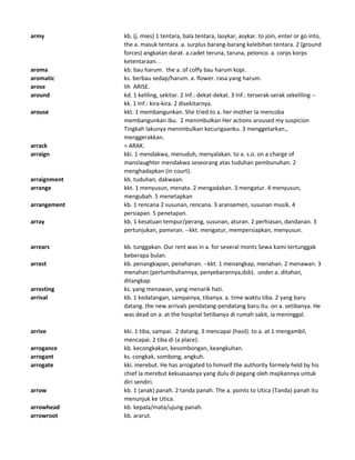 army kb. (j. mies) 1 tentara, bala tentara, lasykar, asykar. to join, enter or go into,
the a. masuk tentara. a. surplus barang-barang kelebihan tentara. 2 (ground
forces) angkatan darat. a.cadet teruna, taruna, pelonco. a. corps korps
ketentaraan. .
aroma kb. bau harum. the a. of coffy bau harum kopi.
aromatic ks. berbau sedap/harum. a. flower. rasa yang harum.
arose lih ARISE.
around kd. 1 keliling, sekitar. 2 Inf.: dekat-dekat. 3 Inf.: terserak-serak sekeliling --
kk. 1 Inf.: kira-kira. 2 disekitarnya.
arouse kkt. 1 membangunkan. She tried to a. her mother Ia mencoba
membangunkan ibu. 2 menimbulkan Her actions aroused my suspicion
Tingkah lakunya menimbulkan kecurigaanku. 3 menggetarkan.,
menggerakkan.
arrack = ARAK.
arraign kki. 1 mendakwa, menuduh, menyalakan. to a. s.o. on a charge of
manslaughter mendakwa seseorang atas tuduhan pembunuhan. 2
menghadapkan (in court).
arraignment kb. tuduhan, dakwaan.
arrange kkt. 1 menyusun, menata. 2 mengadakan. 3 mengatur. 4 menyusun,
mengubah. 5 menetapkan
arrangement kb. 1 rencana 2 susunan, rencana. 3 aransemen, susunan musik. 4
persiapan. 5 penetapan.
array kb. 1 kesatuan tempur/perang, susunan, aturan. 2 perhiasan, dandanan. 3
pertunjukan, pameran. --kkt. mengatur, mempersiapkan, menyusun.
arrears kb. tunggakan. Our rent was in a. for several monts Sewa kami tertunggak
beberapa bulan.
arrest kb. penangkapan, penahanan. --kkt. 1 menangkap, menahan. 2 menawan. 3
menahan (pertumbuhannya, penyebarannya,dsb). under a. ditahan,
ditangkap.
arresting ks. yang menawan, yang menarik hati.
arrival kb. 1 kedatangan, sampainya, tibanya. a. time waktu tiba. 2 yang baru
datang. the new arrivals pendatang-pendatang baru itu. on a. setibanya. He
was dead on a. at the hospital Setibanya di rumah sakit, ia meninggal.
arrive kki. 1 tiba, sampai. 2 datang. 3 mencapai (hasil). to a. at 1 mengambil,
mencapai. 2 tiba di (a place).
arrogance kb. kecongkakan, kesombongan, keangkuhan.
arrogant ks. congkak, sombong, angkuh.
arrogate kki. merebut. He has arrogated to himself the authority formely held by his
chief Ia merebut kekuasaanya yang dulu di pegang oleh majikannya untuk
diri sendiri.
arrow kb. 1 (anak) panah. 2 tanda panah. The a. points to Utica (Tanda) panah itu
menunjuk ke Utica.
arrowhead kb. kepala/mata/ujung panah.
arrowroot kb. ararut.
 
