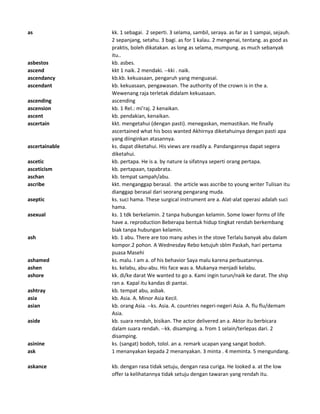 as kk. 1 sebagai. 2 seperti. 3 selama, sambil, seraya. as far as 1 sampai, sejauh.
2 sepanjang, setahu. 3 bagi. as for 1 kalau. 2 mengenai, tentang. as good as
praktis, boleh dikatakan. as long as selama, mumpung. as much sebanyak
itu..
asbestos kb. asbes.
ascend kkt 1 naik. 2 mendaki. --kki . naik.
ascendancy kb.kb. kekuasaan, pengaruh yang menguasai.
ascendant kb. kekuasaan, pengawasan. The authority of the crown is in the a.
Wewenang raja terletak didalam kekuasaan.
ascending ascending
ascension kb. 1 Rel.: mi'raj. 2 kenaikan.
ascent kb. pendakian, kenaikan.
ascertain kkt. mengetahui (dengan pasti). menegaskan, memastikan. He finally
ascertained what his boss wanted Akhirnya diketahuinya dengan pasti apa
yang diinginkan atasannya.
ascertainable ks. dapat diketahui. His views are readily a. Pandangannya dapat segera
diketahui.
ascetic kb. pertapa. He is a. by nature Ia sifatnya seperti orang pertapa.
asceticism kb. pertapaan, tapabrata.
aschan kb. tempat sampah/abu.
ascribe kkt. menganggap berasal. the article was ascribe to young writer Tulisan itu
dianggap berasal dari seorang pengarang muda.
aseptic ks. suci hama. These surgical instrument are a. Alat-alat operasi adalah suci
hama.
asexual ks. 1 tdk berkelamin. 2 tanpa hubungan kelamin. Some lower forms of life
have a. reproduction Beberapa bentuk hidup tingkat rendah berkembang
biak tanpa hubungan kelamin.
ash kb. 1 abu. There are too many ashes in the stove Terlalu banyak abu dalam
kompor.2 pohon. A Wednesday Rebo ketujuh sblm Paskah, hari pertama
puasa Masehi
ashamed ks. malu. I am a. of his behavior Saya malu karena perbuatannya.
ashen ks. kelabu, abu-abu. His face was a. Mukanya menjadi kelabu.
ashore kk. di/ke darat We wanted to go a. Kami ingin turun/naik ke darat. The ship
ran a. Kapal itu kandas di pantai.
ashtray kb. tempat abu, asbak.
asia kb. Asia. A. Minor Asia Kecil.
asian kb. orang Asia. --ks. Asia. A. countries negeri-negeri Asia. A. flu flu/demam
Asia.
aside kb. suara rendah, bisikan. The actor delivered an a. Aktor itu berbicara
dalam suara rendah. --kk. disamping. a. from 1 selain/terlepas dari. 2
disamping.
asinine ks. (sangat) bodoh, tolol. an a. remark ucapan yang sangat bodoh.
ask 1 menanyakan kepada 2 menanyakan. 3 minta . 4 meminta. 5 mengundang.
askance kb. dengan rasa tidak setuju, dengan rasa curiga. He looked a. at the low
offer Ia kelihatannya tidak setuju dengan tawaran yang rendah itu.
 
