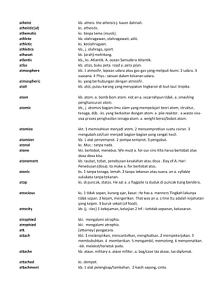 atheist kb. atheis. the atheists j. kaum dahriah.
atheistic(al) ks. atheistis.
athematic ks. tanpa tema (musik).
athlete kb. olahragawan, olahragawati, atlit.
athletic ks. keolahragaan.
athletics kb., j. olahraga, sport.
athwart kk. (arah) melintang.
atlantic kb., ks. Atlantik. A. ocean Samudera Atlantik.
atlas kb. atlas, buku peta. road a. peta jalan.
atmosphere kb. 1 atmosfir, lapisan udara atau gas-gas yang meliputi bumi. 2 udara. 3
suasana. 4 Phys.: satuan dalam tekanan udara.
atmospheric ks. yang berhubungan dengan atmosfir.
atoll kb. atol, pulau karang yang merupakan lingkaran di laut-laut tropika.
atom kb. atom. a. bomb bom atom. not an a. sezarrahpun tidak. a. smashing
penghancuran atom.
atomic kb., j. atomics bagian ilmu alam yang mempelajari teori atom, struktur,
tenaga, dsb. -ks. yang berkaitan dengan atom. a. pile reaktor. a.waste sisa-
sisa proses penghasilan tenaga atom. a. weight berat/bobot atom.
atomize kkt. 1 memisahkan menjadi atom. 2 menyemprotkan suatu cairan. 3
mengubah zat/cair menjadi bagian-bagian yang sangat kecil.
atomizer kb. 1 alat penyemprot. 2 pompa semprot. 3 pengabut.
atonal ks. Mus.: tanpa nada.
atone kki. bertobat, menebus. We must a. for our sins Kita harus bertobat atas
dosa-dosa kita.
atonement kb. taubat, tobat, penebusan kesalahan atau dosa . Day of A. Hari
Penebusan (dosa). to make a. for bertobat atas.
atonic ks. 1 tanpa tenaga, lemah. 2 tanpa tekanan atau suara. an a. syllable
sukukata tanpa tekanan.
atop ks. di puncak, diatas. He sat a. a flagpole Ia duduk di puncak tiang bendera.
atrocious ks. 1 tidak sopan, kurang ajar, kasar. He has a. manners Tingkah lakunya
tidak sopan. 2 kejam, mengerikan. That was an a. crime Itu adalah kejahatan
yang kejam. 3 buruk sekali (of food).
atrocity kb. (j. -ties) 1 kekejaman, kekejian 2 Inf.: ketidak sopanan, kekasaran.
atrophied kki. mengalami atrophia.
atrophied kki. mengalami atrophia.
att. (attorney) pengacara.
attach kkt. 1 melampirkan, mencantelkan, mengikatkan. 2 mempekerjakan. 3
membubuhkan. 4 memberikan. 5 mengambil, memotong. 6 menyematkan.
-kki. melekat/terletak pada.
attache kb. atase. military a. atase militer. a. bag/case tas atase, tas diplomat.
attached ks. dempet.
attachment kb. 1 alat pelengkap/tambahan. 2 kasih sayang, cinta.
 