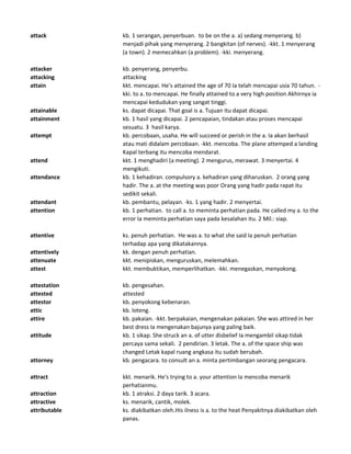 attack kb. 1 serangan, penyerbuan. to be on the a. a) sedang menyerang. b)
menjadi pihak yang menyerang. 2 bangkitan (of nerves). -kkt. 1 menyerang
(a town). 2 memecahkan (a problem). -kki. menyerang.
attacker kb. penyerang, penyerbu.
attacking attacking
attain kkt. mencapai. He's attained the age of 70 Ia telah mencapai usia 70 tahun. -
kki. to a. to mencapai. He finally attained to a very high position Akhirnya ia
mencapai kedudukan yang sangat tinggi.
attainable ks. dapat dicapai. That goal is a. Tujuan itu dapat dicapai.
attainment kb. 1 hasil yang dicapai. 2 pencapaian, tindakan atau proses mencapai
sesuatu. 3 hasil karya.
attempt kb. percobaan, usaha. He will succeed or perish in the a. Ia akan berhasil
atau mati didalam percobaan. -kkt. mencoba. The plane attemped a landing
Kapal terbang itu mencoba mendarat.
attend kkt. 1 menghadiri (a meeting). 2 mengurus, merawat. 3 menyertai. 4
mengikuti.
attendance kb. 1 kehadiran. compulsory a. kehadiran yang diharuskan. 2 orang yang
hadir. The a. at the meeting was poor Orang yang hadir pada rapat itu
sedikit sekali.
attendant kb. pembantu, pelayan. -ks. 1 yang hadir. 2 menyertai.
attention kb. 1 perhatian. to call a. to meminta perhatian pada. He called my a. to the
error Ia meminta perhatian saya pada kesalahan itu. 2 Mil.: siap.
attentive ks. penuh perhatian. He was a. to what she said Ia penuh perhatian
terhadap apa yang dikatakannya.
attentively kk. dengan penuh perhatian.
attenuate kkt. menipiskan, menguruskan, melemahkan.
attest kkt. membuktikan, memperlihatkan. -kki. menegaskan, menyokong.
attestation kb. pengesahan.
attested attested
attestor kb. penyokong kebenaran.
attic kb. loteng.
attire kb. pakaian. -kkt. berpakaian, mengenakan pakaian. She was attired in her
best dress Ia mengenakan bajunya yang paling baik.
attitude kb. 1 sikap. She struck an a. of utter disbelief Ia mengambil sikap tidak
percaya sama sekali. 2 pendirian. 3 letak. The a. of the space ship was
changed Letak kapal ruang angkasa itu sudah berubah.
attorney kb. pengacara. to consult an a. minta pertimbangan seorang pengacara.
attract kkt. menarik. He's trying to a. your attention Ia mencoba menarik
perhatianmu.
attraction kb. 1 atraksi. 2 daya tarik. 3 acara.
attractive ks. menarik, cantik, molek.
attributable ks. diakibatkan oleh.His ilness is a. to the heat Penyakitnya diakibatkan oleh
panas.
 