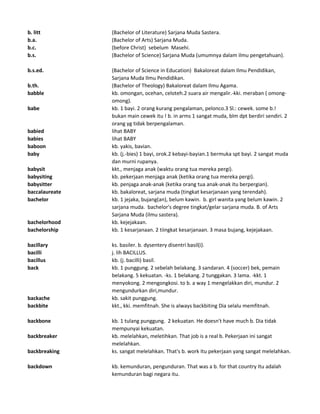b. litt (Bachelor of Literature) Sarjana Muda Sastera.
b.a. (Bachelor of Arts) Sarjana Muda.
b.c. (before Christ) sebelum Masehi.
b.s. (Bachelor of Science) Sarjana Muda (umumnya dalam ilmu pengetahuan).
b.s.ed. (Bachelor of Science in Education) Bakaloreat dalam Ilmu Pendidikan,
Sarjana Muda Ilmu Pendidikan.
b.th. (Bachelor of Theology) Bakaloreat dalam Ilmu Agama.
babble kb. omongan, ocehan, celoteh.2 suara air mengalir.-kki. meraban ( omong-
omong).
babe kb. 1 bayi. 2 orang kurang pengalaman, pelonco.3 Sl.: cewek. some b.!
bukan main cewek itu ! b. in arms 1 sangat muda, blm dpt berdiri sendiri. 2
orang yg tidak berpengalaman.
babied lihat BABY
babies lihat BABY
baboon kb. yakis, bavian.
baby kb. (j.-bies) 1 bayi, orok.2 kebayi-bayian.1 bermuka spt bayi. 2 sangat muda
dan murni rupanya.
babysit kkt., menjaga anak (waktu orang tua mereka pergi).
babysiting kb. pekerjaan menjaga anak (ketika orang tua mereka pergi).
babysitter kb. penjaga anak-anak (ketika orang tua anak-anak itu berpergian).
baccalaureate kb. bakaloreat, sarjana muda (tingkat kesarjanaan yang terendah).
bachelor kb. 1 jejaka, bujang(an), belum kawin. b. girl wanita yang belum kawin. 2
sarjana muda. bachelor's degree tingkat/gelar sarjana muda. B. of Arts
Sarjana Muda (ilmu sastera).
bachelorhood kb. kejejakaan.
bachelorship kb. 1 kesarjanaan. 2 tiingkat kesarjanaan. 3 masa bujang, kejejakaan.
bacillary ks. basiler. b. dysentery disentri basil(i).
bacilli j. lih BACILLUS.
bacillus kb. (j. bacilli) basil.
back kb. 1 punggung. 2 sebelah belakang. 3 sandaran. 4 (soccer) bek, pemain
belakang. 5 kekuatan. -ks. 1 belakang. 2 tunggakan. 3 lama. -kkt. 1
menyokong. 2 mengongkosi. to b. a way 1 mengelakkan diri, mundur. 2
mengundurkan diri,mundur.
backache kb. sakit punggung.
backbite kkt., kki. memfitnah. She is always backbiting Dia selalu memfitnah.
backbone kb. 1 tulang punggung. 2 kekuatan. He doesn't have much b. Dia tidak
mempunyai kekuatan.
backbreaker kb. melelahkan, meletihkan. That job is a real b. Pekerjaan ini sangat
melelahkan.
backbreaking ks. sangat melelahkan. That's b. work Itu pekerjaan yang sangat melelahkan.
backdown kb. kemunduran, pengunduran. That was a b. for that country Itu adalah
kemunduran bagi negara itu.
 