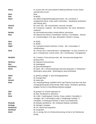 bleary ks. muram, bilis. Her eyes loocked b. Matanya kelihatan muram. bleary-
eyed bermata muram.
bleat bleat
bled lih BLEED.
bleed kkt. (bled) mengambil/mengeluarkan darah. -kki. 1 berdarah. 2
mengeluarkan darah. 3 luka, sedih. 4 berkorban. - bleeding kb. perdarahan
(dari hidung, dsb.).
blemish kb. cacat, cela. -kkt. mencemarkan, merusak, menodai.
blend kb. 1 campuran. 2 paduan. -kkt. mencampurkan. -kki. cocok. -blended ks.
campuran.
blender kb. alat tempat pencampur, tempat adonan, pencampur.
bless kkt. (blessed atau blest) 1 memberkahi, merestui. 2 mendoakan. -blessed
ks. 1 menyenangkan. 2 Inf.: gila. -blessing kb. 1 berkah. 2 untung.
blest lih BLESS.
blew lih BLOW.
blight kb. 1 penyakit tumbuh-tumbuhan. 2 kutuk. -kkt. 1 merusakkan. 2
membinasakan.
blind kb. 1 keraai, kere. 2 persembunyian. 3 pengadangan. -ks. buta, tunanetra. to
go b. 1 menjadi buta. 2 samar-samar. -kkt. 1 menyilaukan. 2 mengaburkan.
blindfold kb. 1 maskara. 2 kain penutup mata. -kkt. menutup mata dengan kain
penutup mata.
blindness kb. kebutaan, ketunanetraan.
bliss kb. kebahagiaan.
blissfulness kb. (penuh) kebahagiaan.
blister kb. lepuh. -kkt. 1 menyerang dengan kata-kata yang tajam. 2 melepuhkan. -
blistering ks. panas sekali. -blisteringly kk. panas terik/sekali.
blithe ks. gembira, bahagia. b. spirit semangat gembira.
blitz kb. serangan kilat.
blizzard kb. badai salju.
bloat kki. menjadi gembung. A goldfish will b. (up) if fed too much Ikan mas akan
menjadi gembung jika terlalu banyak diberi makan. -bloated ks. gembung,
bengkak. He has a b. look Mikanya kelihatan bengkak.
blob kb. gumpal. a b. of paint segumpal cat.
bloc kb. blok. the Western b. blok barat.
block kb. 1 blok. 2 balok (ganjal). 3 berkas. 4 kayu, cetakan. 5 kompleks. 6
rintangan. -kkt. 1 merintangi (a road). 2 menghalang (-halang) i. 3
memblokir. 4 membangun kembali. b. letter huruf balok/cetak.
blockade kb. blokade, pemblokiran. -kkt. melakukan blokade, memblokir.
blockage kb. halangan, rintangan.
blockbuster kb. Inf.: sejenis bom yang besar.
blockhead kb. orang tolol.
blond kb., ks. pirang. He's a b. Dia berambut pirang. He has b. hair Rambutnya
pirang.
 